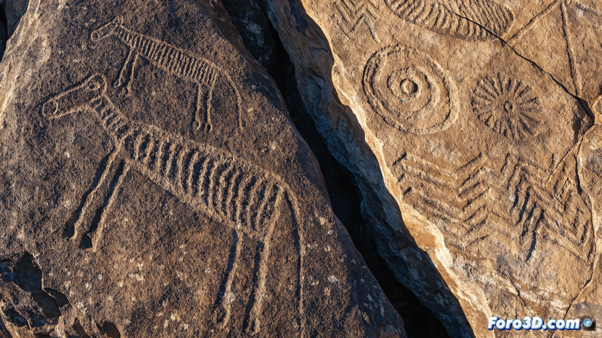 Ancient desert landscape at dawn, Aboriginal elder pressing a sharpened quartzite tool into a sandstone boulder, carving a wombat-like megafauna figure with deep lines, while weathered handprints and circular abstract symbols surround the scene, dust particles floating in golden sunlight, cracked earth stretching toward red rock formations, cinematic archaeological visualization, dramatic shadow play across petroglyph surfaces, ultra-detailed stone texture, photorealistic historical reconstruction, warm earthy tones with deep ochre highlights