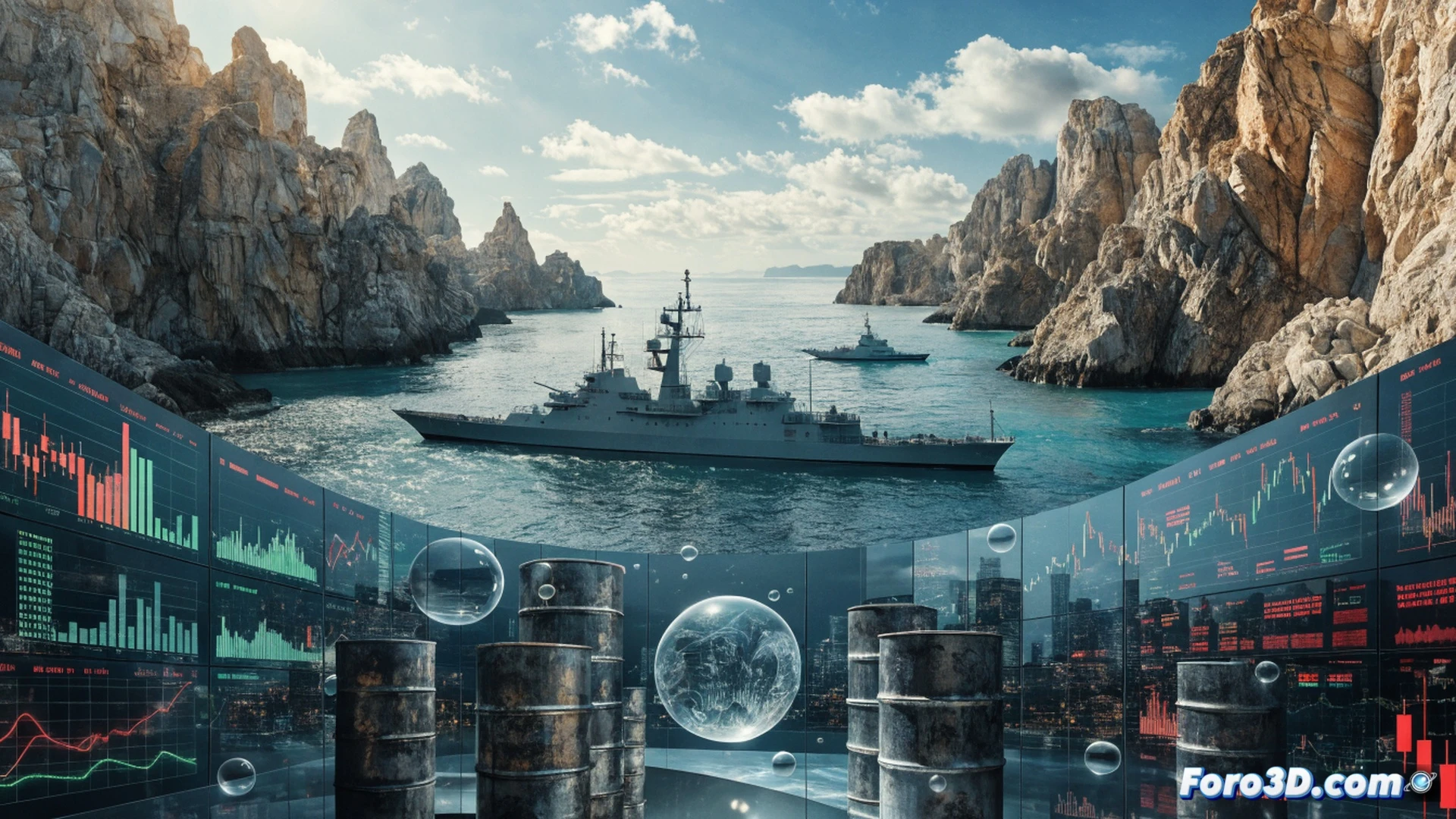 Estrecho de Ormuz reabriéndose al tráfico marítimo, petrolero gigante cruzando el canal bajo un cielo despejado, velas de buque militar retirándose mientras el crudo fluye, gráfico de precio del petróleo en pantalla LED portuaria mostrando descenso a 80 dólares, flecha roja cayendo sobre barril metálico, fondo de bolsas asiáticas y europeas con índices verdes subiendo, estilo cinematográfico fotorrealista, luz dorada de amanecer sobre el agua, reflejos metálicos en el casco del barco, humo de refinería disipándose, atmósfera de alivio económico global, rendering técnico hiperrealista con profundidad de campo.