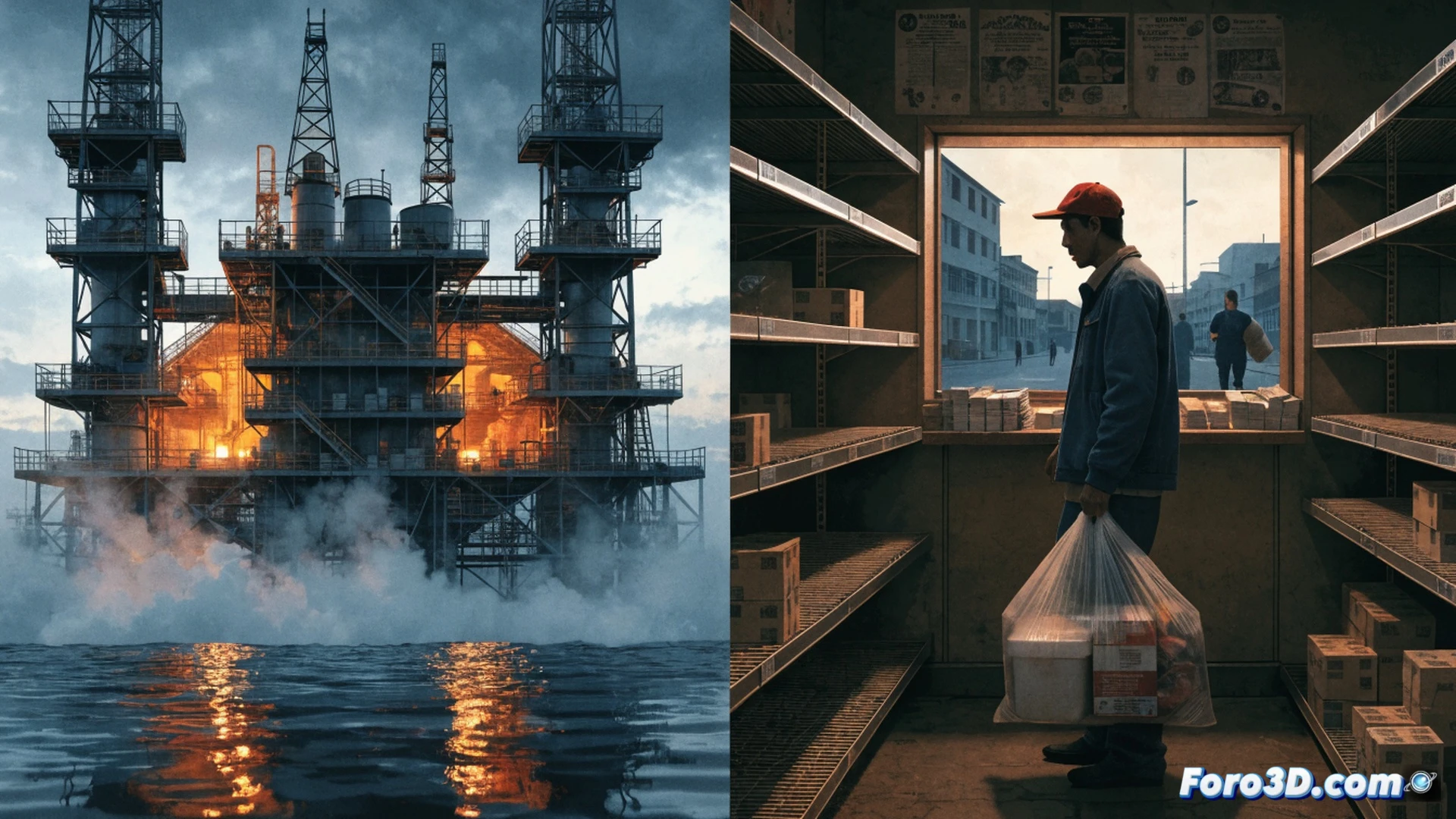Venezuelan oil derrick pumping crude while barrels stack up, national currency bills scattering into dust, inflation charts spiraling upward with red arrows, empty supermarket shelves behind a broken price tag display, dollar scarcity sign hanging crooked, photorealistic economic paradox scene, cinematic lighting contrasting oil wealth against crumbling infrastructure, hyperdetailed textures of rusting machinery and decaying banknotes, dramatic shadows emphasizing collapse during extraction process