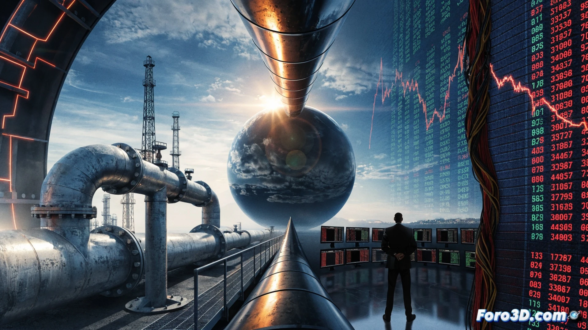 oil prices dropping, gas station price sign showing decreasing numbers, Nasdaq graph on a digital screen crashing downward, fractured globe splitting between oil barrel and AI chip symbol, SpaceX rocket launching with financial data streams tangled around it, cinematic technical illustration, photorealistic financial visualization, glowing red and blue market indicators, particles of fuel and digital data floating in turbulent air, dramatic contrast between cheap fuel pump and volatile stock ticker, ultra-detailed economic symbolism, high-contrast studio lighting, sharp macro focus on price tags and chart lines