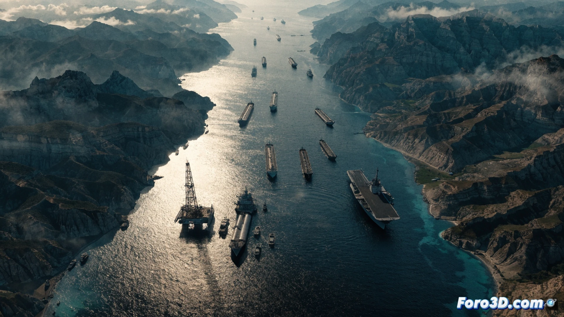 crude oil tanker navigating narrow strait of hormuz at sunset, two smaller vessels crossing safely while dark warship silhouette looms in background, oil price chart on digital screen showing slight recovery after sharp drop, red volatility spikes, glowing technical indicators, geopolitical tension visible through military radar screens and satellite imagery overlay, cinematic engineering visualization, photorealistic maritime scene, dramatic orange sky reflecting on calm sea, industrial lighting on ship deck, high-contrast shadows, ultra-detailed hull textures, real-time market data hologram floating near bridge