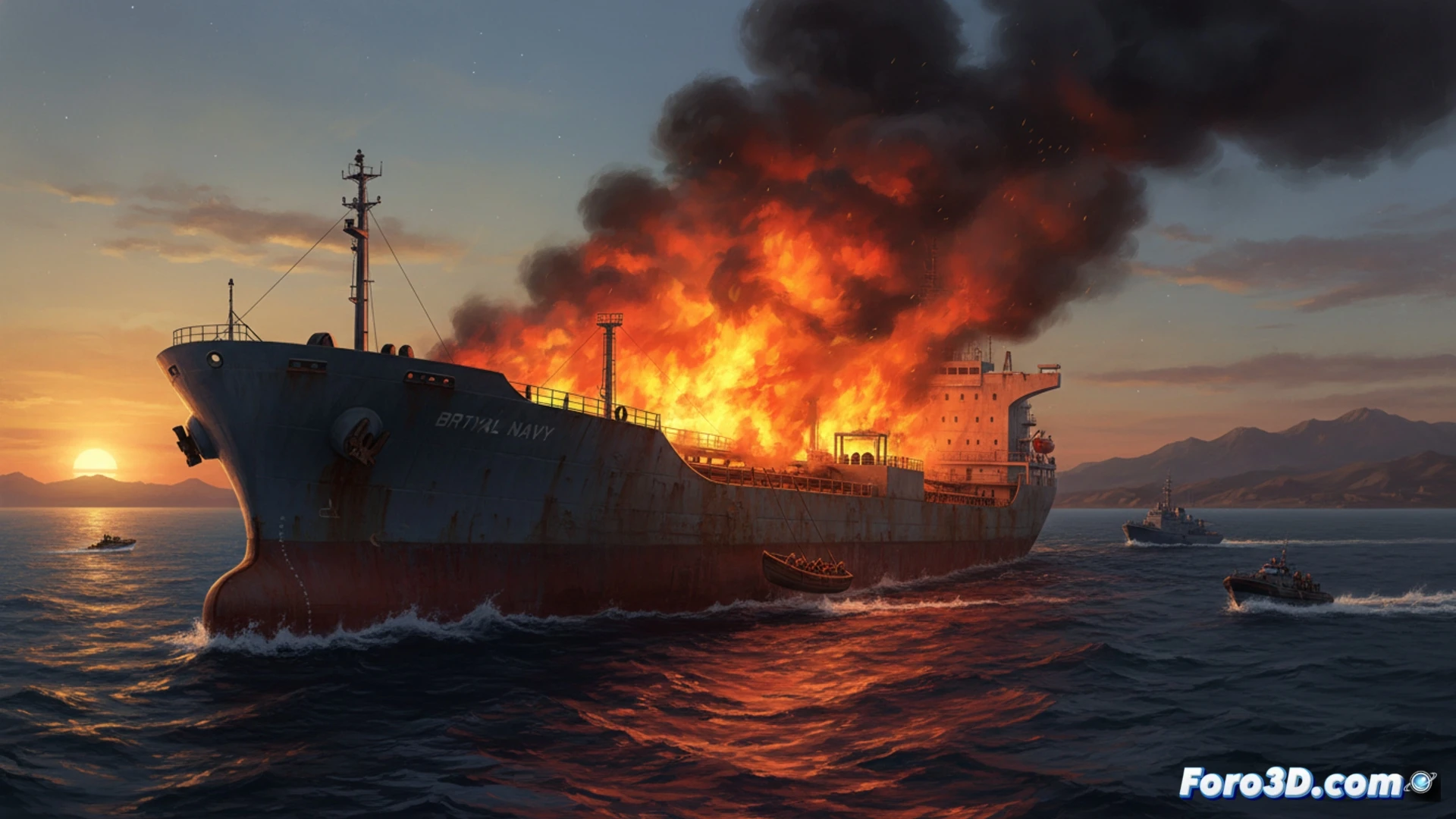 Petrolero en llamas sobre aguas nocturnas, humo negro denso elevándose desde la sala de máquinas, dos botes de rescate evacuando tripulantes mientras helicóptero de salvamento marítimo sobrevuela la escena, radar de navegación girando en el puente, tuberías de combustible expuestas al fuego, luces de emergencia parpadeando en la cubierta metálica deformada por el calor, olas reflejando llamas anaranjadas, estilo cinematográfico fotorrealista, iluminación dramática con contraste entre fuego y cielo oscuro, detalles técnicos del casco y superestructura, render ultra realista de desastre industrial