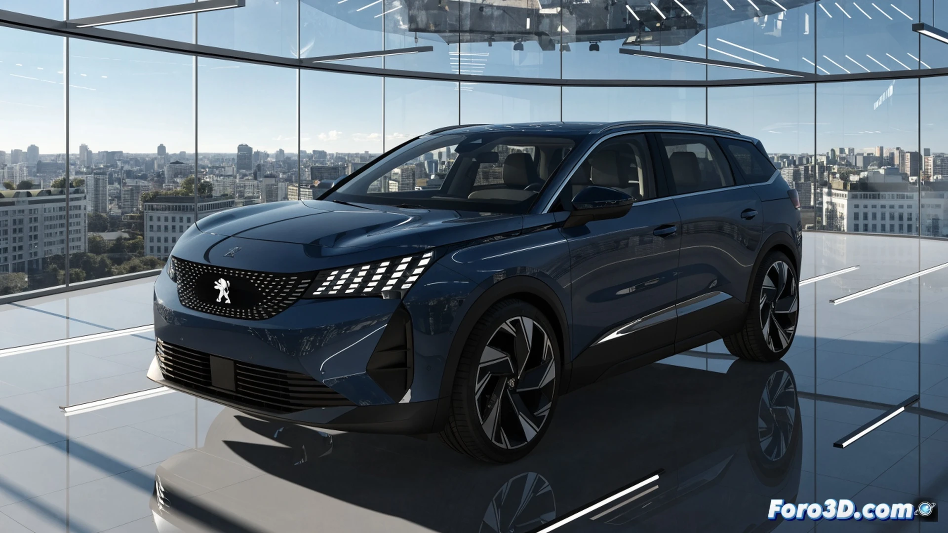 Peugeot 5008 electric SUV seven-seat configuration with third-row seats folded flat, rear hatch open revealing 916-liter cargo space packed with family travel gear, charging cable connected to side port with glowing blue indicator during fast-charging process, sleek aerodynamic body lines with illuminated front grille pattern, family members loading luggage while digital dashboard displays 504km range, cinematic automotive photography, dramatic studio lighting reflecting off metallic paint, photorealistic product visualization, dynamic angle showing spacious interior and charging action simultaneously, ultra-detailed tire tread and LED headlight clusters