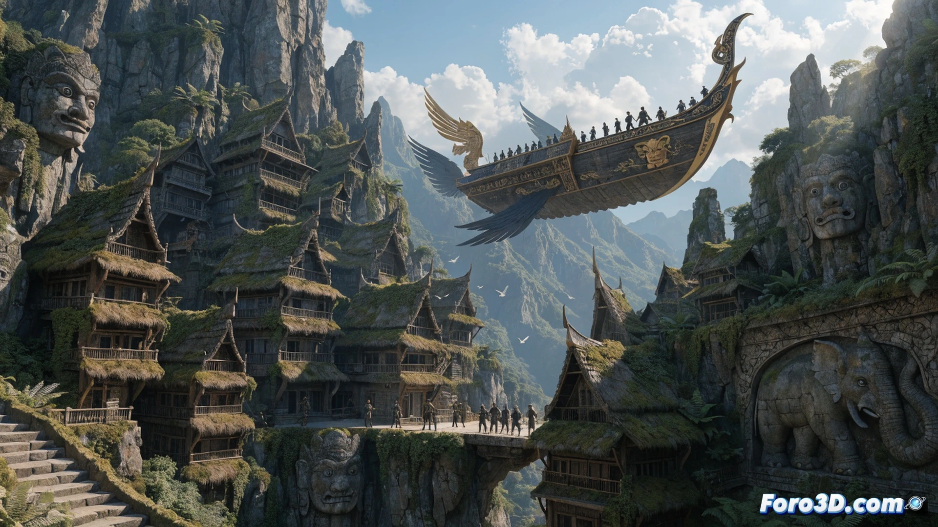 Phaya Akat fantasy medieval world with Thai cultural fusion, a massive wooden battle airship with ornate golden serpent figurehead flying over misty mountains, hot springs village with glowing pagoda roofs below, digital artist Choomcherd Virapat working on a graphic tablet, stylus sketching intricate Thai temple patterns onto a flying elephant creature, dual monitors showing 3D modeling software interface and layered texture maps, cinematic fantasy illustration style, dramatic sunset lighting casting long shadows, floating lanterns illuminating the scene, ultra-detailed architectural ornaments blending Thai and medieval design, photorealistic digital painting aesthetic