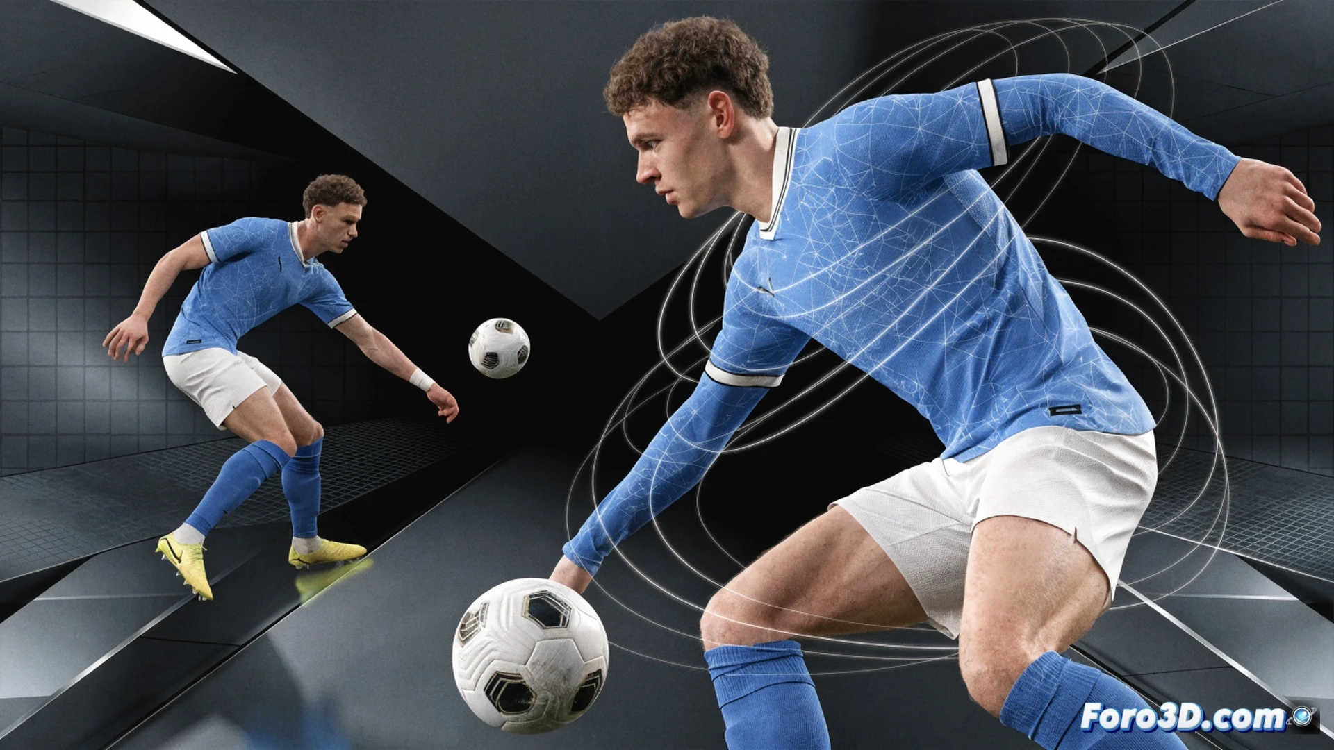 Phil Foden in motion during a tactical 3D technical analysis, player shown executing a sharp turn while dribbling in tight space, multiple ghosted positional overlays demonstrating his versatility across attacking zones, passing trajectory lines glowing in blue from his foot to a teammate, heatmap data projected on the pitch, software interface elements like motion capture markers and biomechanical joint angles visible, cinematic engineering visualization, dark studio background with volumetric lighting, photorealistic human model, clean technical illustration style