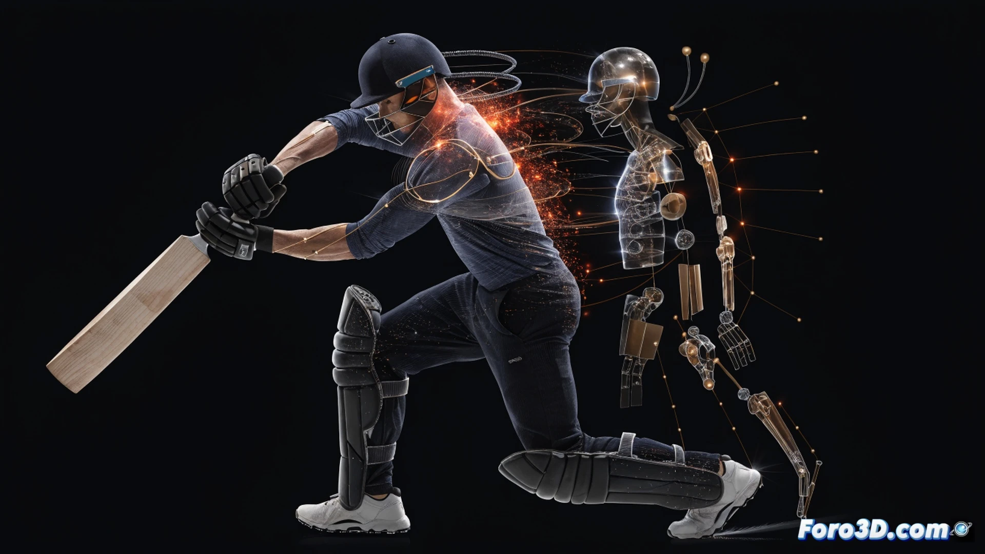 Phil Salt mid-swing in hyper-detailed 3D biomechanics analysis, cricket bat striking ball, compact wrist snap generating power, back foot planted firm on crease, motion-capture skeleton overlay with glowing joint trajectories, force vectors radiating from hips and shoulders, wireframe stadium background, cinematic engineering visualization, dramatic low-angle spotlight, photorealistic muscle and tendon definition, sweat droplets frozen in air, ultra-sharp depth of field, technical render with translucent skin effect showing skeletal rotation.