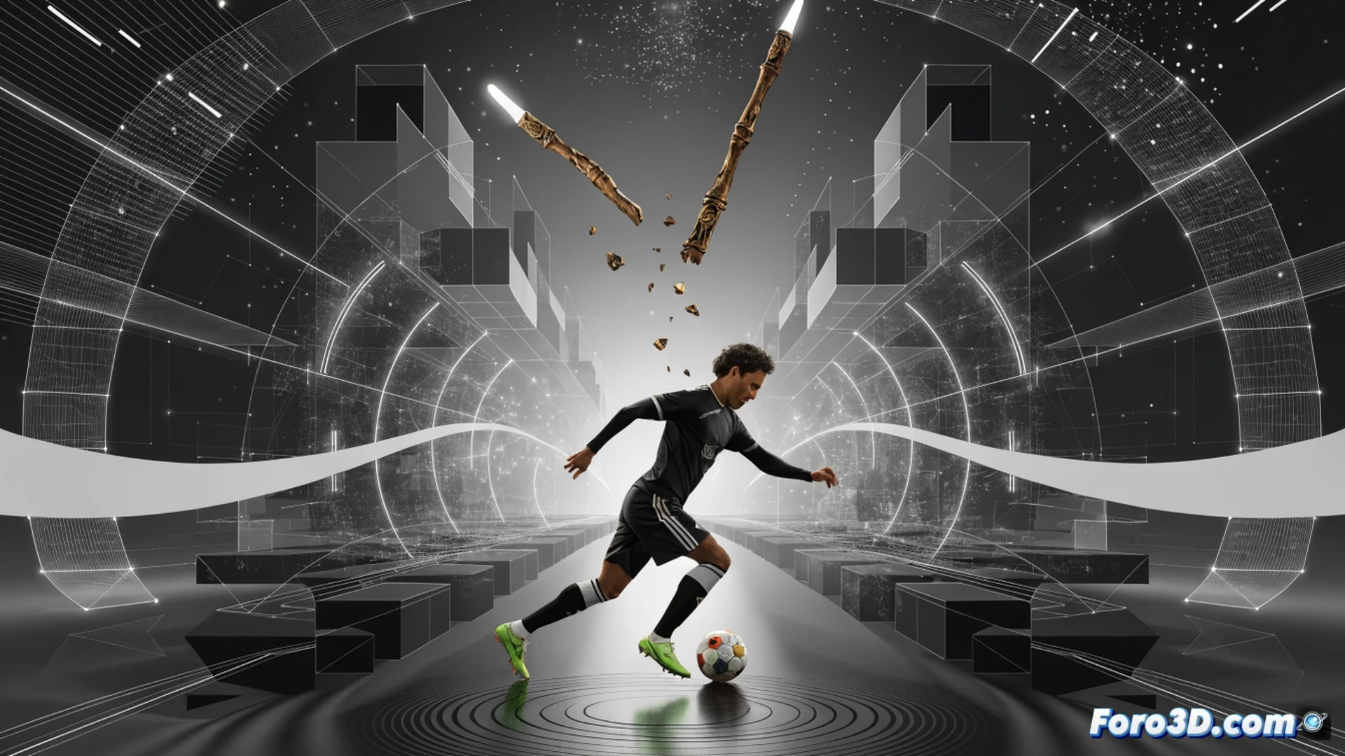 Philippe Coutinho mid-shot during a technical analysis simulation, left foot striking a football with glowing trajectory lines from 25 meters, defensive players blurred in background, tactical heatmap overlay on pitch, 3D skeletal motion tracking highlighting hip rotation and ankle flexion, cinematic sports science visualization, dark studio lighting with blue and red accent lights, photorealistic athlete render, motion blur on ball, muscle strain lines visible, ultra-detailed jersey fabric texture