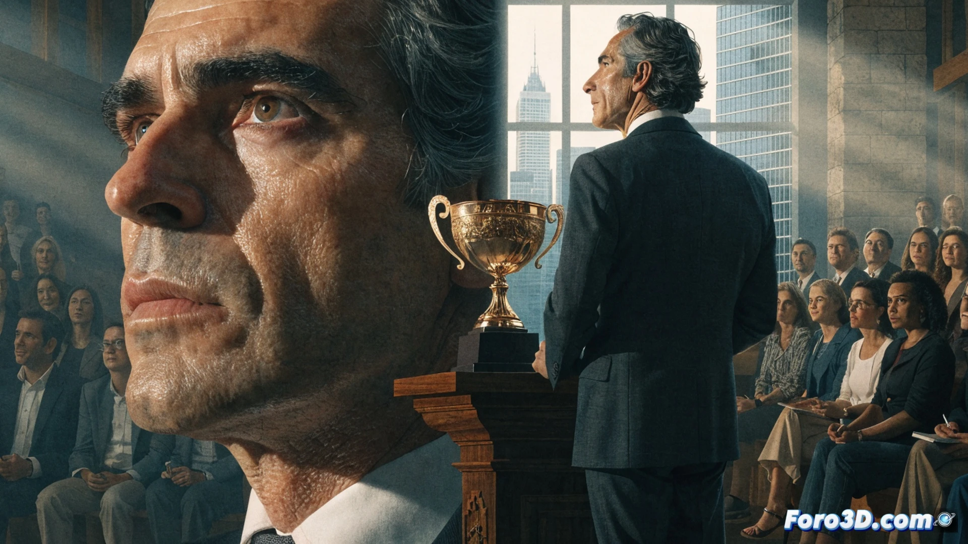 Philippe Sands standing at a podium during a book fair ceremony, holding a gavel in one hand while pointing to a projected map of international legal boundaries, holographic globe showing interconnected human rights cases, legal documents and case files floating on a digital screen behind him, courtroom sketch style mixed with photorealistic technical illustration, dramatic stage lighting, shadows of audience members visible, symbolic olive branch beside a law book, ultra-detailed fabric textures, cinematic composition
