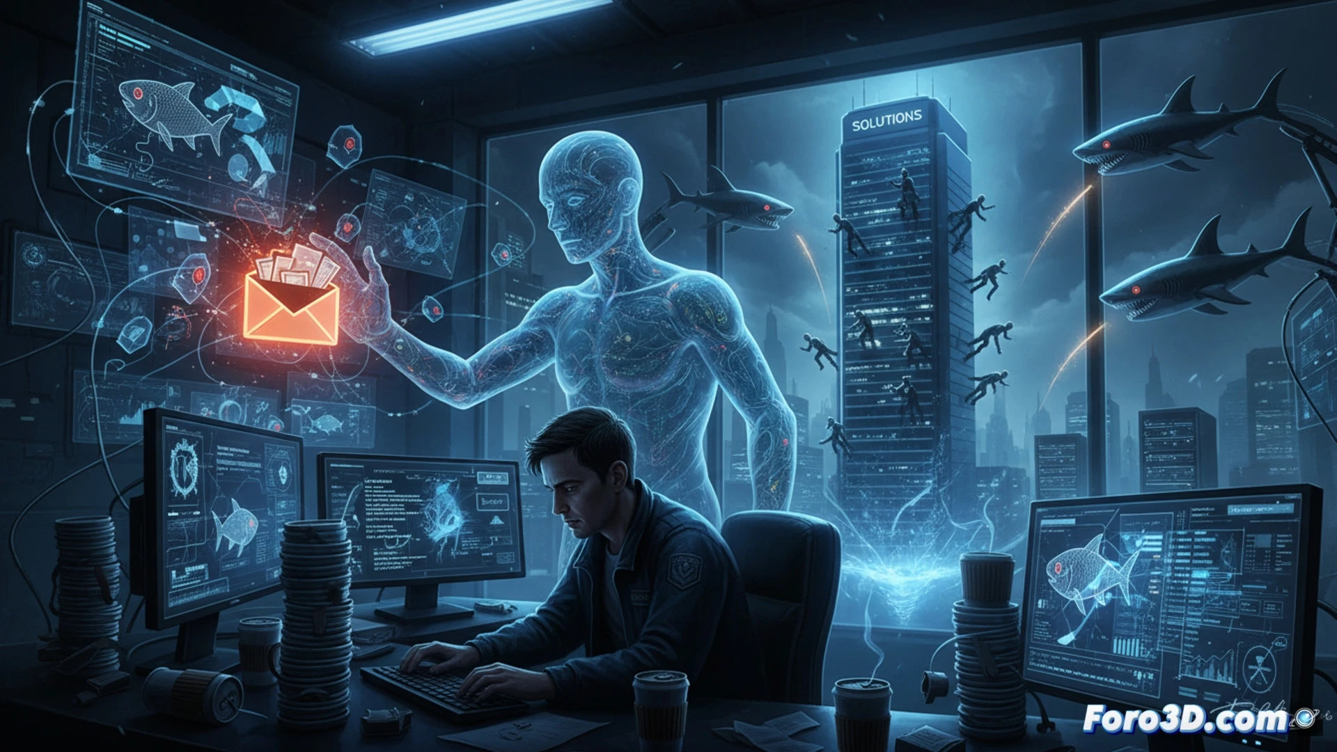 cybersecurity operations center night shift, tier-1 analyst overwhelmed by cascading phishing alerts on multiple monitors, AI threat dashboard showing red warning indicators, email security gateway interface with false positive flags blocking legitimate messages, exhausted technician rubbing eyes while surrounded by empty coffee cups, cinematic photorealistic visualization, dramatic blue and red emergency lighting, cluttered desk with keyboard and mouse, stressed human expression contrasting with advanced technology, ultra-detailed facial features and screen reflections, technical illustration style