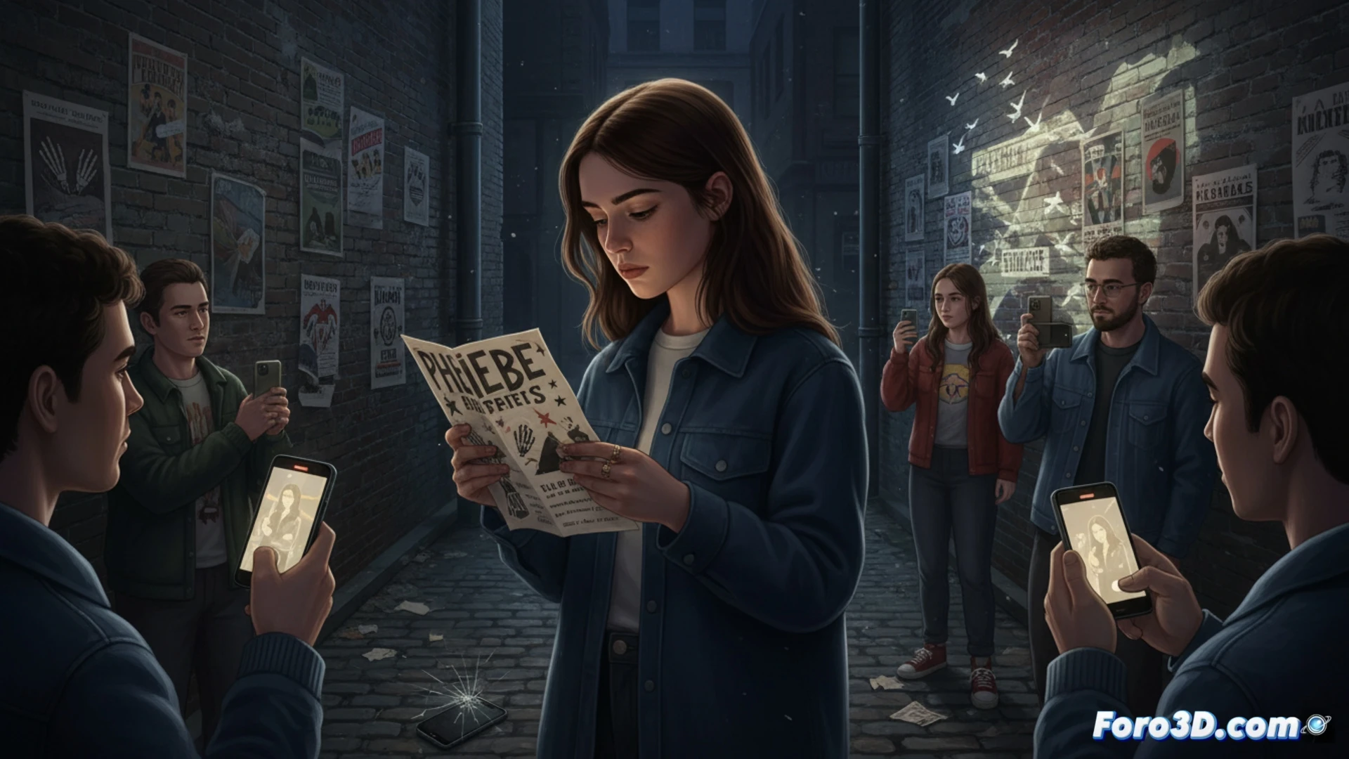 A woman in a black dress holds a stack of paper concert flyers while a smartphone lies face-down on a table, her hand pressing a vintage tape recorder’s play button, tangled cables and a disconnected microphone nearby, fans in the background photographing the scene through a window, cinematic photorealistic style, moody blue-gray lighting, dust particles in air, vintage analog gear contrasting with digital devices, showing the tension between authentic performance and calculated viral marketing, ultra-detailed textures on paper and metal, dramatic shadows