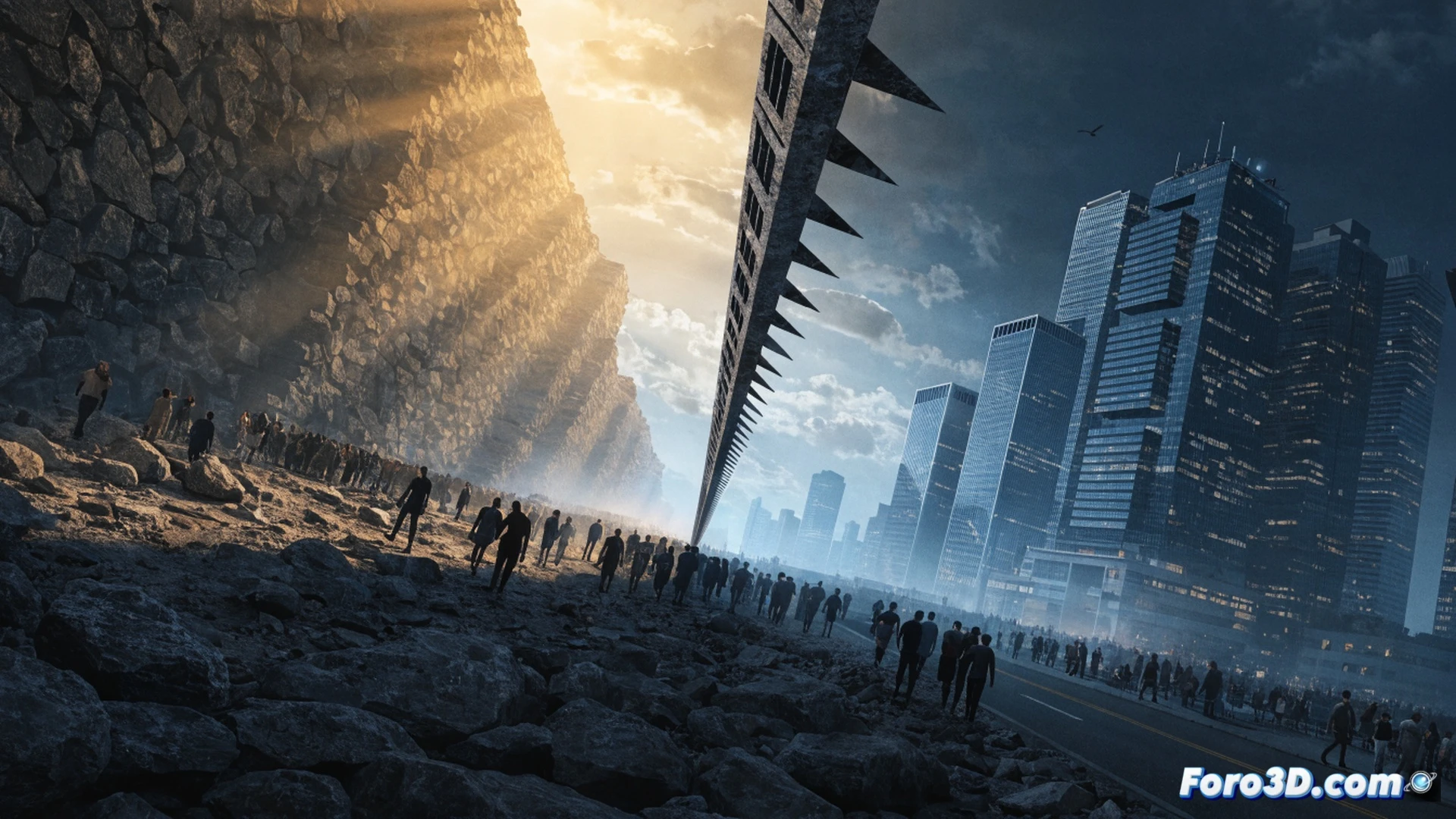 Photorealistic technical illustration of a massive border gate structure being dismantled by robotic arms, heavy steel barriers lifted away by construction cranes, concrete blocks being removed by automated vehicles, digital holographic map of Gibraltar showing open transit routes, glowing green arrows indicating fluid cross-border movement, dismantled Verja components stacked on flatbed trucks, workers in safety vests directing the process, bright Mediterranean sunlight casting long shadows, cinematic wide-angle shot, ultra-detailed industrial textures, realistic engineering visualization