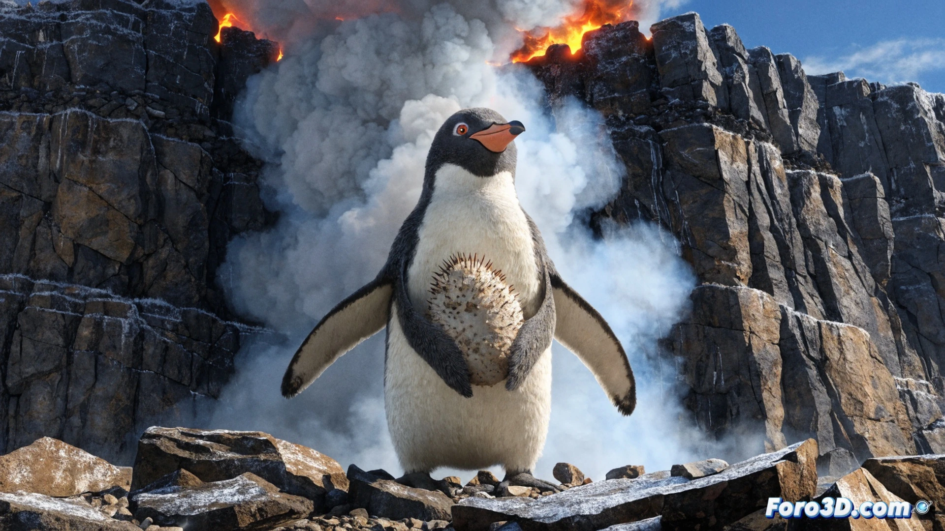 animated penguin character holding a spiky echidna egg with visible cracks, volcanic ash cloud in background, glowing orange lava flowing down distant mountain, penguin standing on rocky terrain with scattered technical animation reference sheets nearby, action of sheltering egg under wing while looking up at eruption, cinematic family animation style, soft warm lighting contrasting with dark smoke, emotional scene showing protective posture, textured feathers and eggshell details, photorealistic character render with stylized environment, dramatic sky with lightning flashes, motion blur on falling ash particles