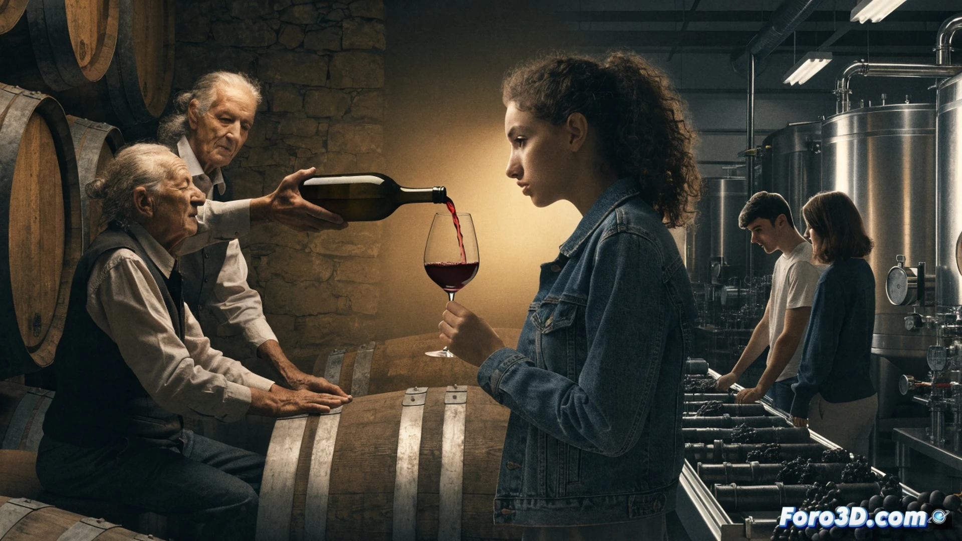 Jóvenes catadores observan botellas de vino tinto en una barrica de roble abierta, durante una cata técnica en una bodega subterránea. Sommelier usa un sacacorchos profesional para extraer un corcho, mientras otro asistente sostiene una copa de cristal fino bajo luz cálida. Estanterías de acero inoxidable con etiquetas de añadas recientes. Estilo cinematográfico realista, iluminación dorada de sótano, texturas de madera y metal, enfoque nítido en la acción de servir y degustar.