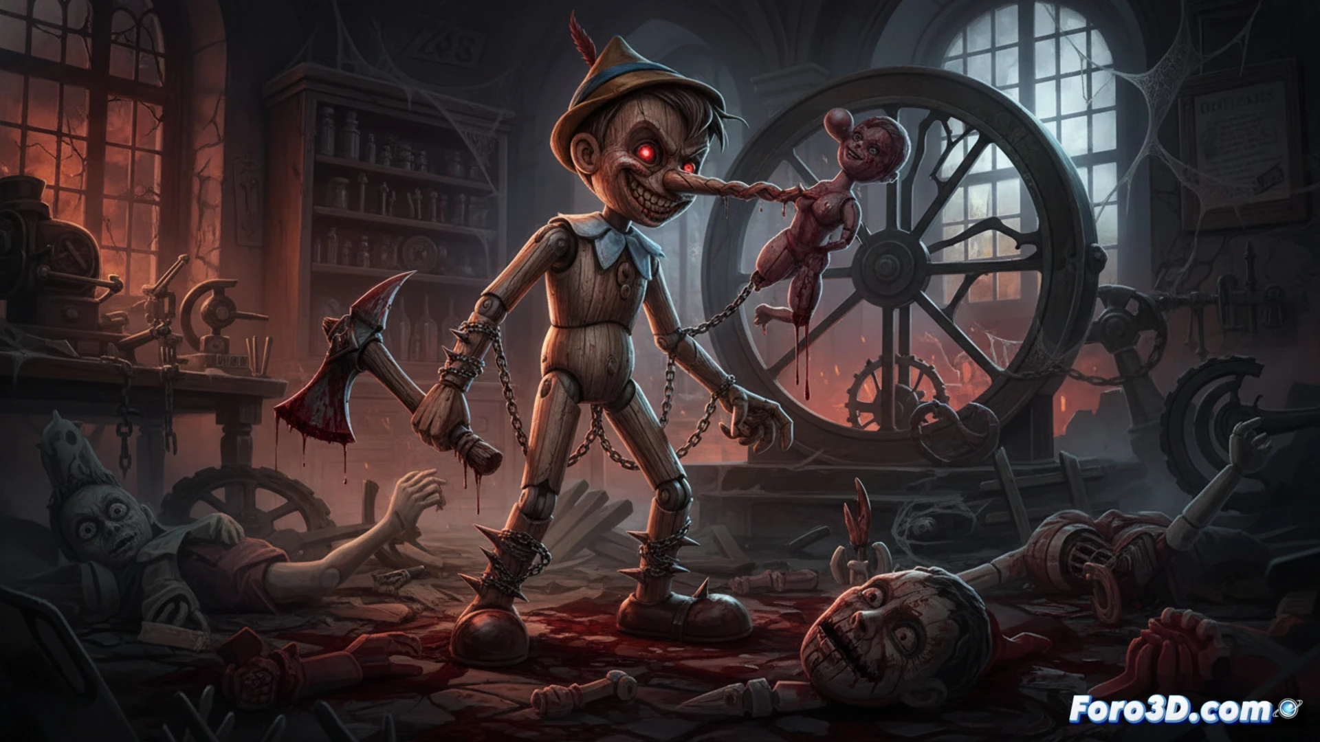 Photorealistic cinematic scene of a wooden Pinocchio puppet covered in blood, holding a jagged metal saw in one hand while standing over a shattered mechanical workshop table, splintered wood and broken gears scattered around, dark crimson splatter on his face and hands, his hinged jaw slightly open in a menacing expression, harsh overhead industrial lighting casting deep shadows, metallic tools and rusted machinery in the background, hyper-detailed wood grain texture, blood dripping mid-action, gritty horror aesthetic, ultra-realistic technical illustration style