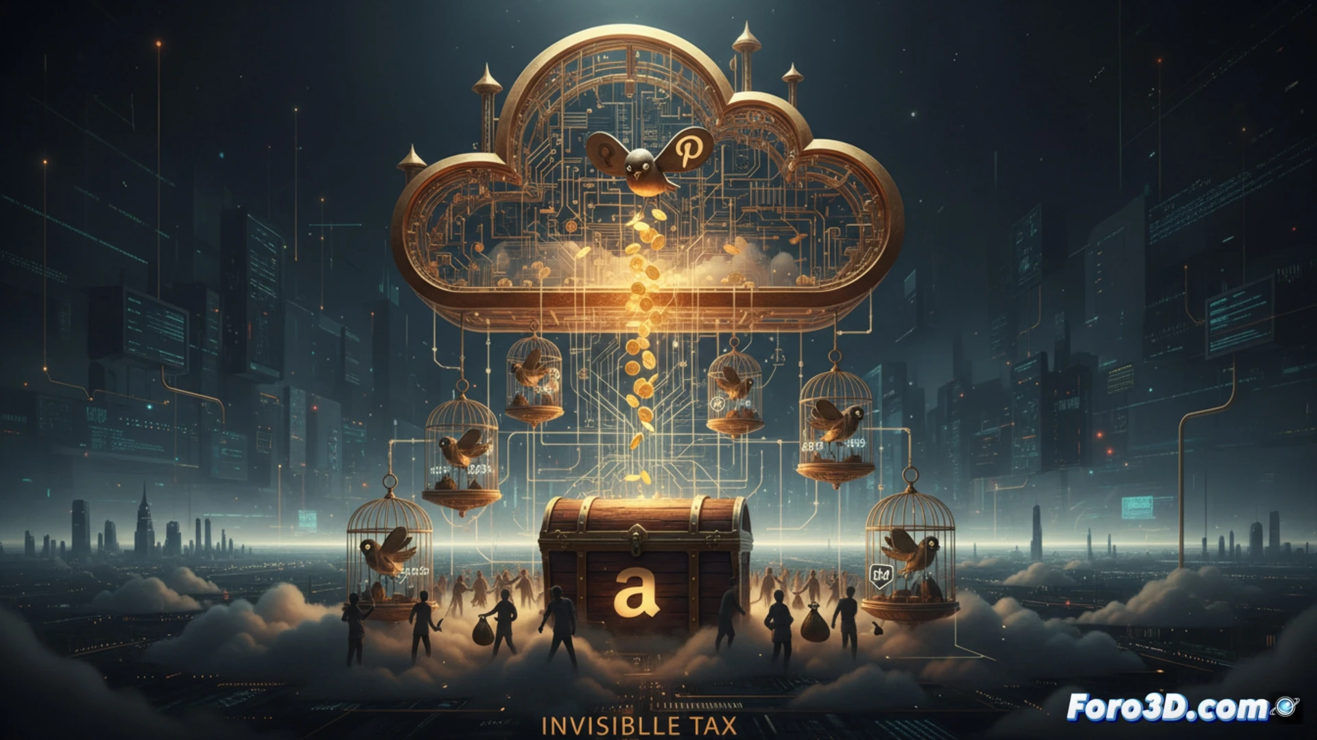 Photorealistic cinematic scene showing a giant golden birdcage suspended in stormy clouds, a Pinterest logo-shaped bird trapped inside with heavy Amazon Web Services cloud chains wrapped around its wings and legs, the cage bars formed by stacked server racks and fiber optic cables, glowing dollar signs floating upward from the cage floor while a massive Amazon logo-shaped hand turns a lock on the cage door, dark blue and gold lighting, dramatic shadows, hyper-detailed metal textures, cables glowing with data streams, technical illustration style, high contrast, volumetric fog, 8K quality render