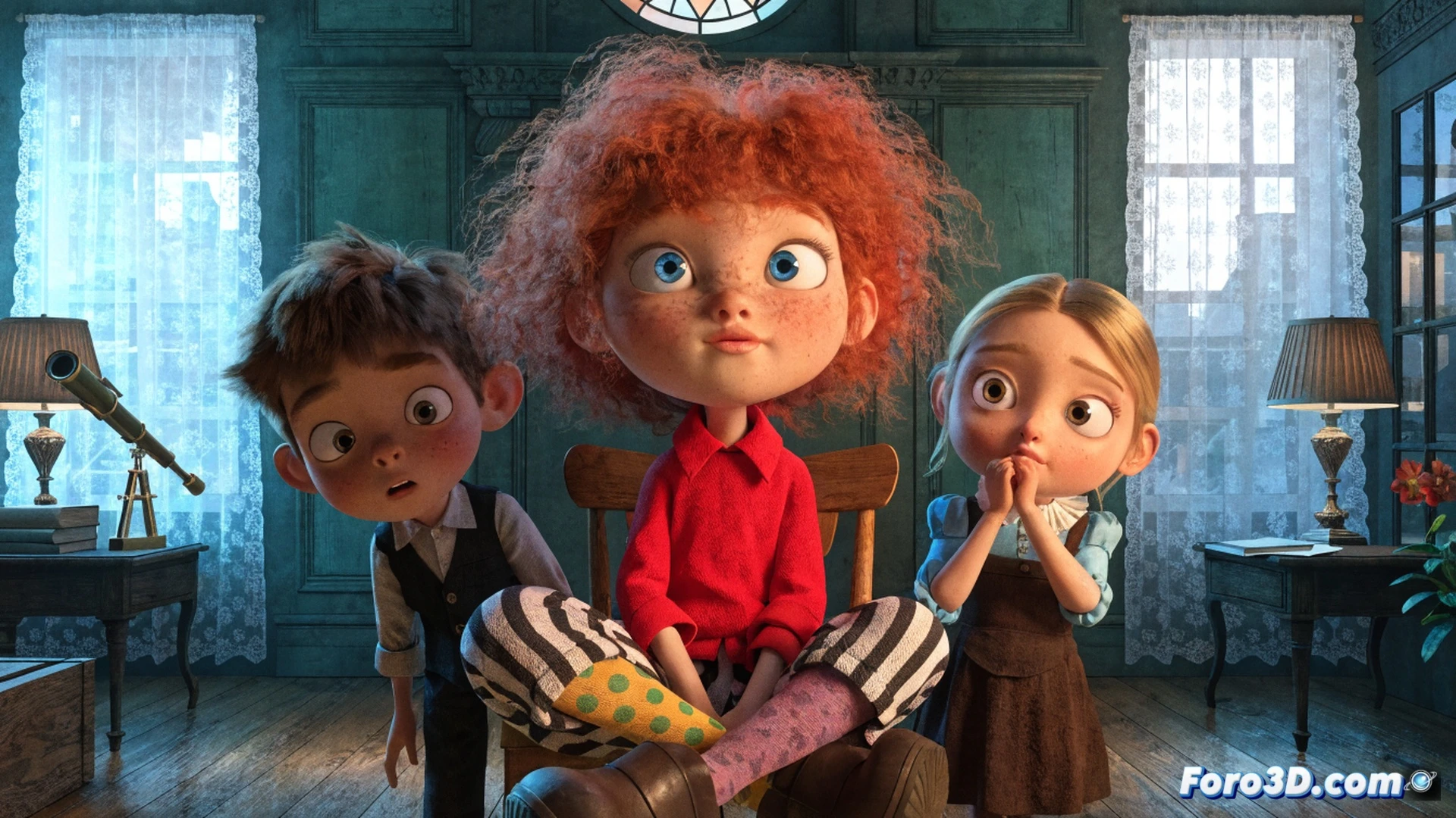 Pippi Calzaslargas en animación 3D saltando sobre un techo de madera mientras sostiene un caballo de juguete gigante con una mano, mostrando su fuerza desafiante, su cabello rojo al viento, sonrisa rebelde, fondo de calle nórdica colorida con casas de techos inclinados, niños mirando asombrados desde abajo, proceso de modernización visual con texturas suaves y luces vibrantes, estilo cinematic render, iluminación cálida de atardecer, sombras suaves, detalles en ropa patchwork y zapatos grandes, escena dinámica con movimiento congelado, ultra-detallado, photorealistic 3D animation still