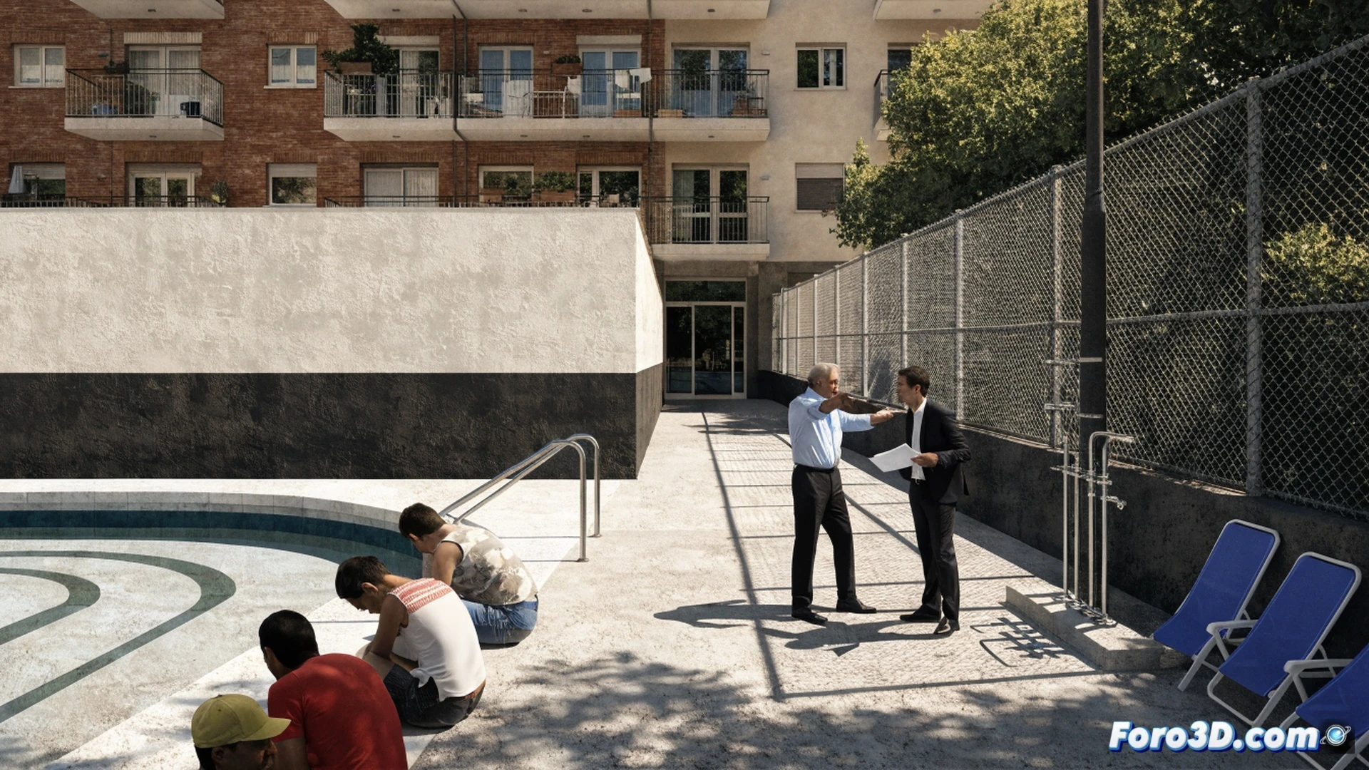acalorados vecinos sudando frente a piscina municipal cerrada con vallas metálicas y cartel de clausura, políticos señalándose mutuamente con documentos de presupuesto en manos, sol abrasador reflejado en el agua estancada de la piscina vacía, termómetro digital marcando 40 grados, sombras alargadas de mediodía, estilo fotorrealista cinematográfico, iluminación dura de verano, texturas de cemento agrietado y azulejos desgastados, profundidad de campo con edificios al fondo, atmósfera de tensión y abandono