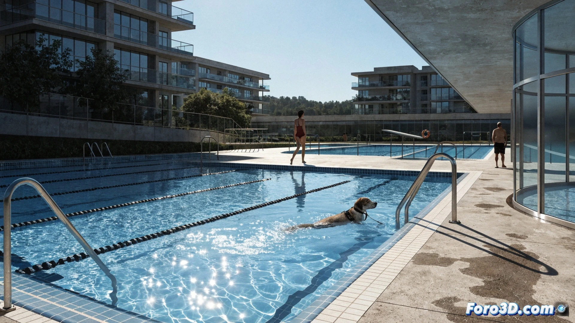 Photorealistic scene of a dog standing at the edge of a community swimming pool on a scorching day, owner holding a leash and a red bucket, pool water surface calm and empty, a closed gate with a sign showing a crossed-out paw icon, garden hose lying unused on hot tiles, concrete and metal fence in background, bright sunlight casting harsh shadows, cinematic wide-angle shot, high-contrast lighting, technical inspection mood, emphasizing prohibition and heat, no text or numbers visible, ultra-detailed textures of water, fur, and tiles