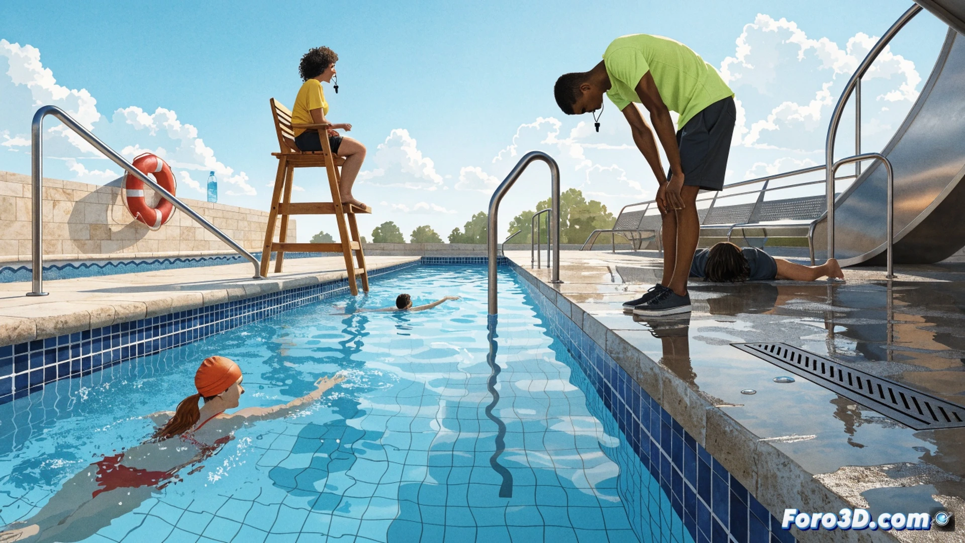 Photorealistic scene of a family at a sunlit public pool in Ciudad Real, a young girl stepping under an outdoor shower before entering the water, water droplets glistening on her shoulders, mother applying sunscreen to a toddler beside a chlorinated water testing kit on the pool edge, lifeguard in the background checking a digital water quality meter, clear blue water reflecting summer sky, safety signage visible, warm golden hour lighting, hyper-detailed textures of wet tiles and skin, cinematic composition emphasizing hygiene and precaution