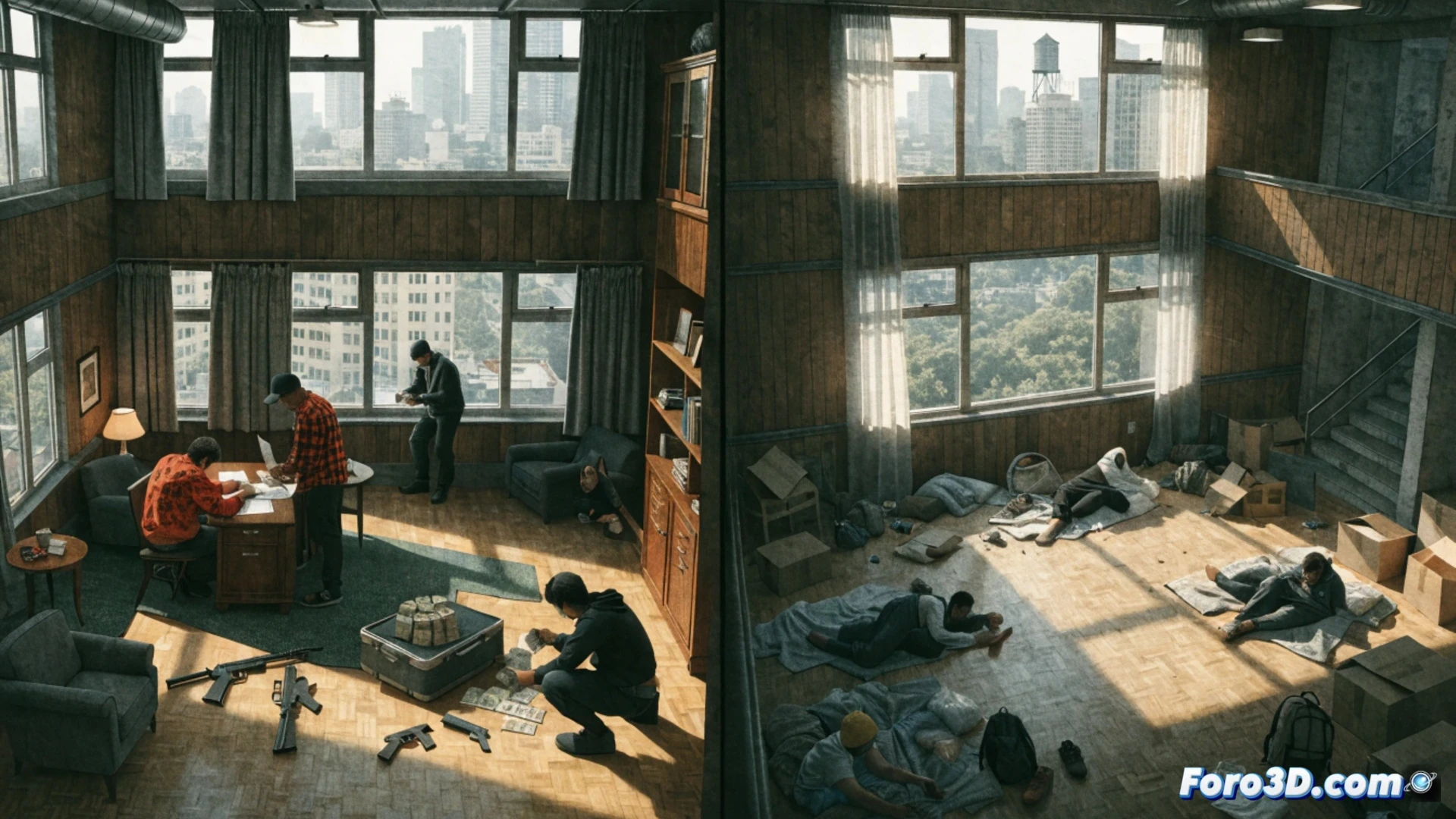 urban building facade with broken windows, masked figures moving through a dark hallway, evidence of forced entry on a steel door, spray paint markings on walls, a laptop displaying property ownership data beside a stack of eviction notices, contrasting with a homeless family outside on the sidewalk, cinematic photorealistic render, dramatic low-angle shot, cold blue streetlight illuminating the scene, crumbling brick texture, shattered glass on pavement, tension visible in body language, ultra-detailed architectural decay, moody urban documentary style