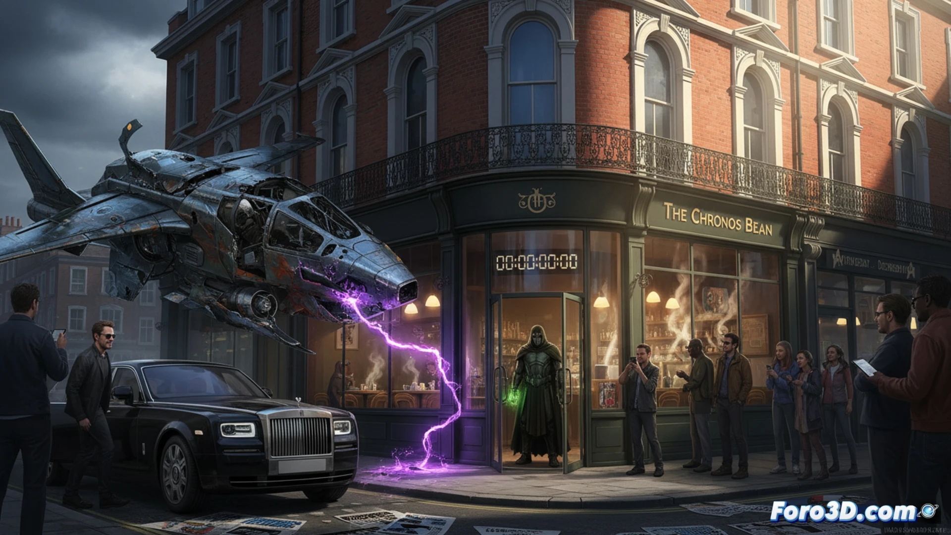 Una cafetería londinense con un cartel de Avengers: Doomsday, fans expectantes y un reloj marcando las 2 p.m.