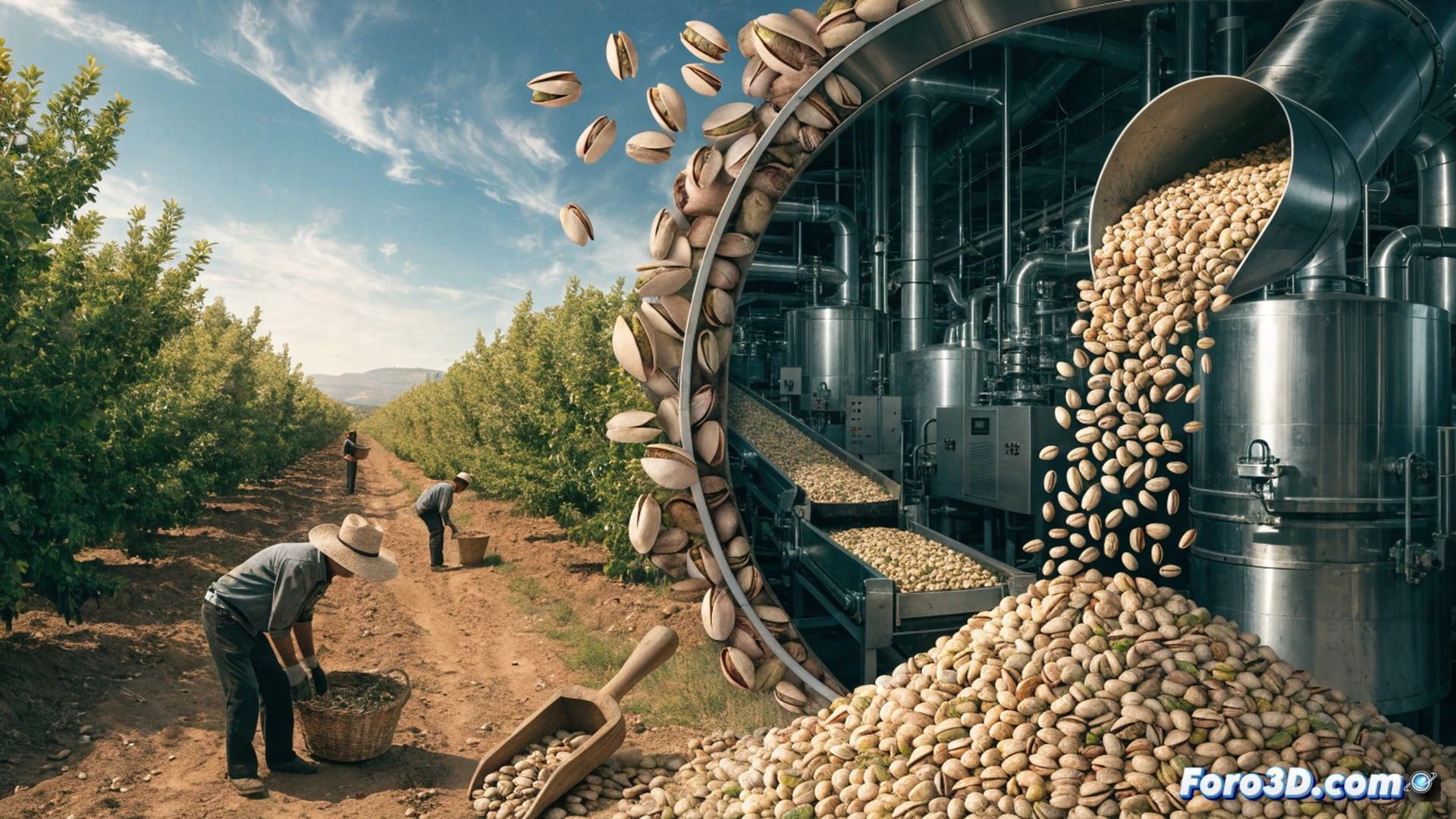 Pistacho en marcha: campo de pistacheros en floración con agricultores y técnicos firmando un documento sobre una mesa de madera bajo un toldo, mostrando tablets con gráficos de producción y un dron sobrevolando el cultivo, tractores al fondo, luz dorada del atardecer, estilo fotorealista cinematográfico, texturas nítidas de hojas verdes y frutos abiertos, ambiente profesional de trabajo colaborativo, ultra-detallado, iluminación natural cálida