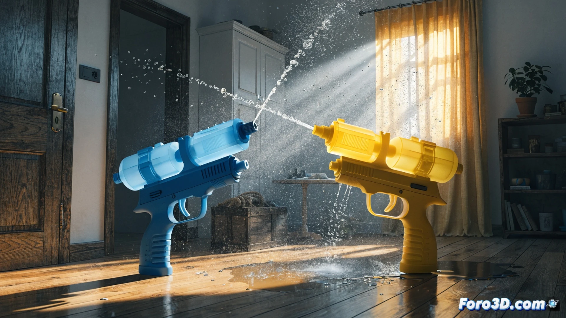 jardín soleado con pavimento caliente, dos pistolas de agua Hydro Frenzy y Twin Tide sobre una mesa de plástico, una mano llenando el depósito transparente de la Twin Tide con agua del grifo, otra pistola disparando un chorro continuo que golpea una hoja de planta marchita, gotas de agua congeladas en el aire, efecto de refracción del sol en el agua, oferta Prime Day visible como etiqueta de descuento en la caja de la Hydro Frenzy, estilo cinematográfico fotorrealista, iluminación cálida de mediodía, textura de plástico rugoso, alta definición, enfoque nítido en el mecanismo del gatillo y el pico de la boquilla