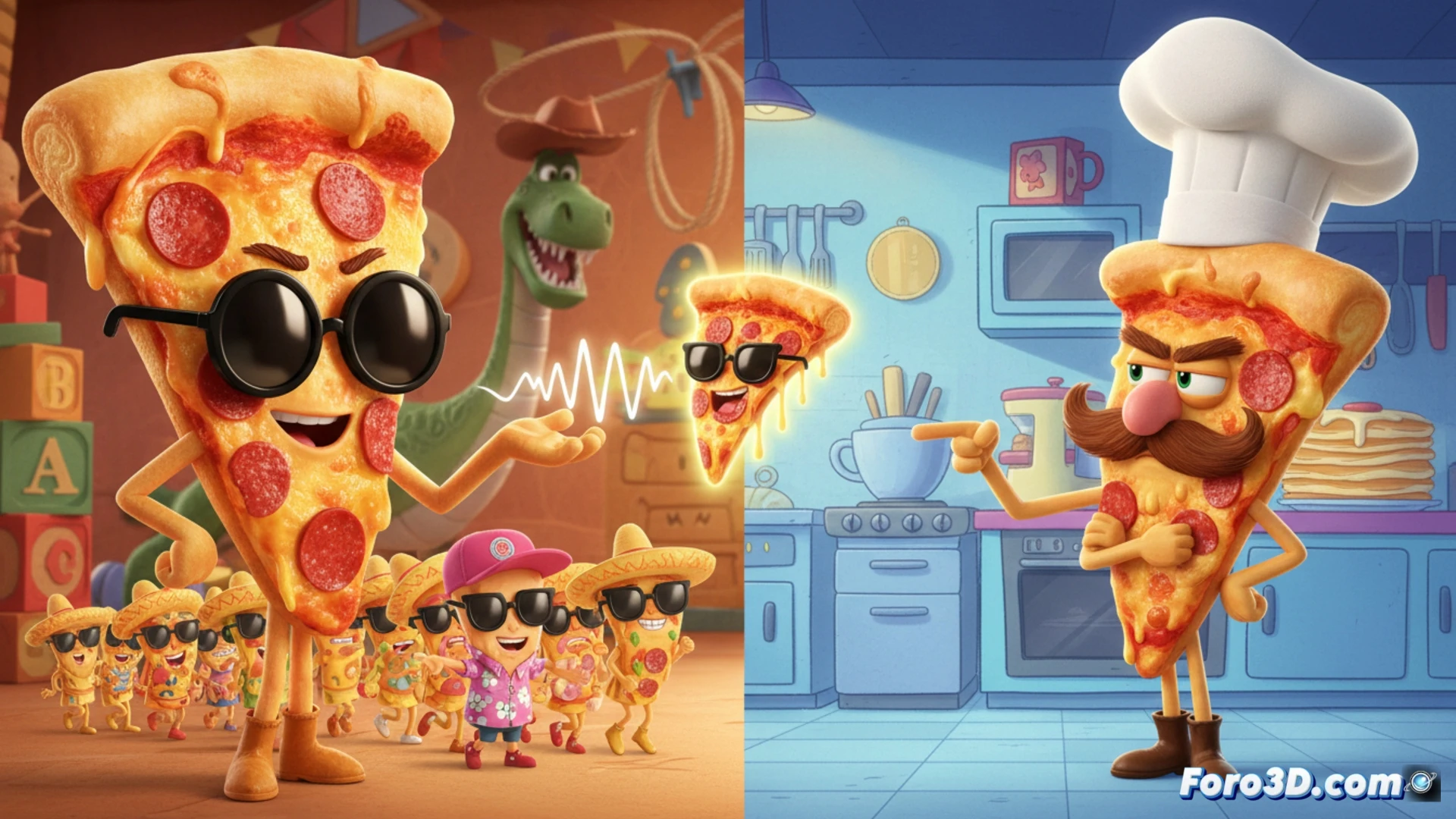 animated pizza slice with sunglasses being pulled in opposite directions by two giant hands, one hand labeled with Pixar lamp logo texture and the other with cartoon TV static pattern, pizza cheese stretching and tearing during the tug-of-war, motion blur on stretching mozzarella strands, dramatic courtroom-style spotlight lighting from above, cinematic technical illustration style, photorealistic food texture with glossy melted cheese, hands showing detailed skin pores and cartoon cel-shading contrast, wooden gavel breaking in mid-air near the pizza, glowing evidence markers floating around the scene, ultra-detailed crust browning and pepperoni shadows, high-contrast dramatic lighting