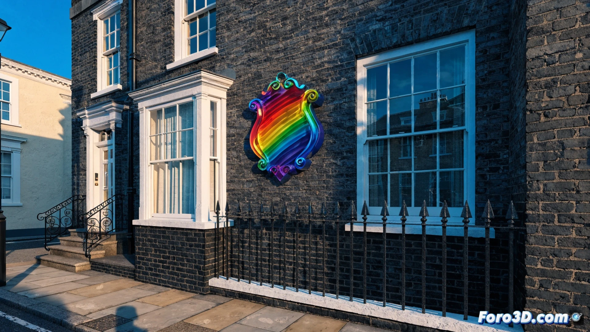 Photorealistic cinematic scene of a rainbow-colored heritage plaque being installed on a historic brick building facade in London, a worker in high-visibility vest using a power drill to secure the plaque while a small crowd watches with pride, sunlight casting prismatic reflections from the plaque onto the pavement, nearby rainbow flags fluttering in the wind, detailed brick texture and metal scaffolding visible, warm golden hour lighting emphasizing the plaque's vibrant colors, ultra-detailed urban environment, emotional documentary-style composition, showing community recognition and legacy celebration