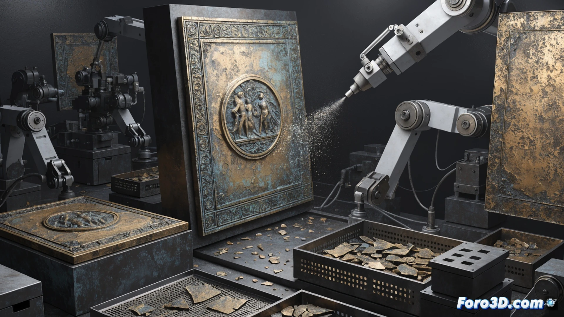 bronze plaque with false patina being sprayed by chemical solution from robotic nozzle, digital 3D scan data displayed on monitor showing microscopic surface wear patterns, chemical etching process controlled by software interface, industrial workshop setting with ventilation hood, glowing blue liquid dripping across engraved text, technical engineering visualization, metallic reflections on wet bronze surface, precision robotic arm applying artificial aging, photorealistic industrial render, dramatic overhead lighting, detailed corrosion textures