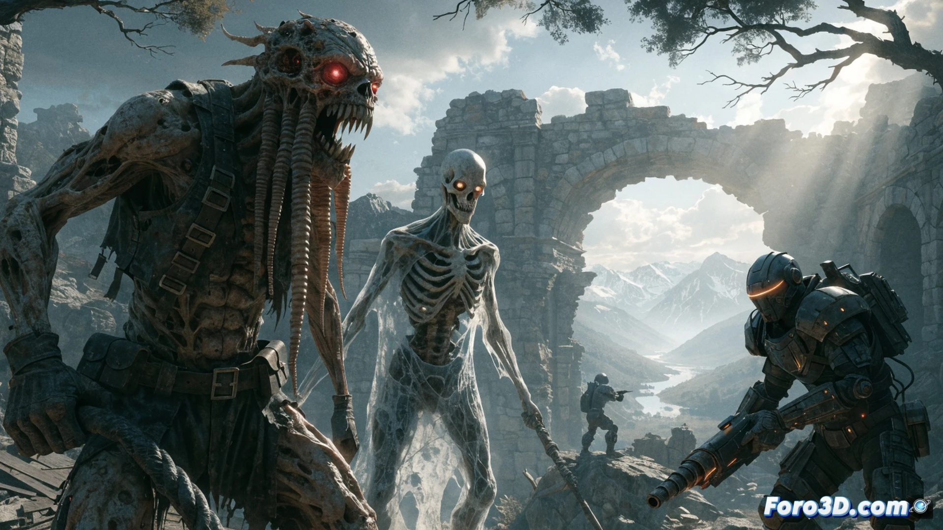 Appalachian wasteland battlefield with 40 glowing elite boss zones marked on a holographic map, a vault dweller firing a 4-star legendary gatling plasma at a massive glowing scorchbeast queen, particle effects of legendary loot dropping, damaged power armor with fusion core sparks, ruined forest and crumbling buildings, cinematic photorealistic technical illustration, dramatic sunset lighting, smoke and debris in the air, ultra-detailed weapon and armor textures, dynamic action pose, motion blur on projectiles, glowing enemy health bars and star ratings, industrial post-apocalyptic atmosphere