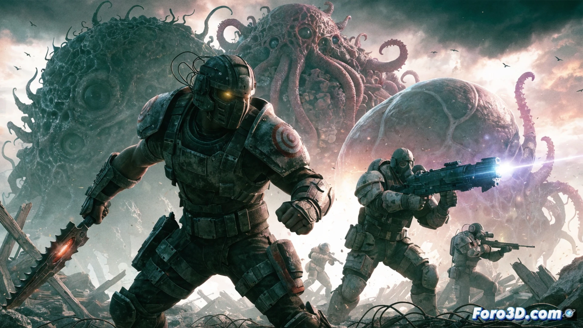 post-apocalyptic wasteland battlefield, mutated giant insect plague creatures swarming a rusted power armor suit, glowing green radioactive spores in the air, player character firing a laser rifle at a four-star legendary glowing boss enemy, broken reactor pipes leaking steam in background, cinematic action shot, dynamic combat motion blur, bright laser beam cutting through dark toxic fog, metallic armor scratches and dirt details, dramatic red and green neon lighting, photorealistic technical illustration, ultra-detailed weapon and armor textures, debris particles and smoke effects