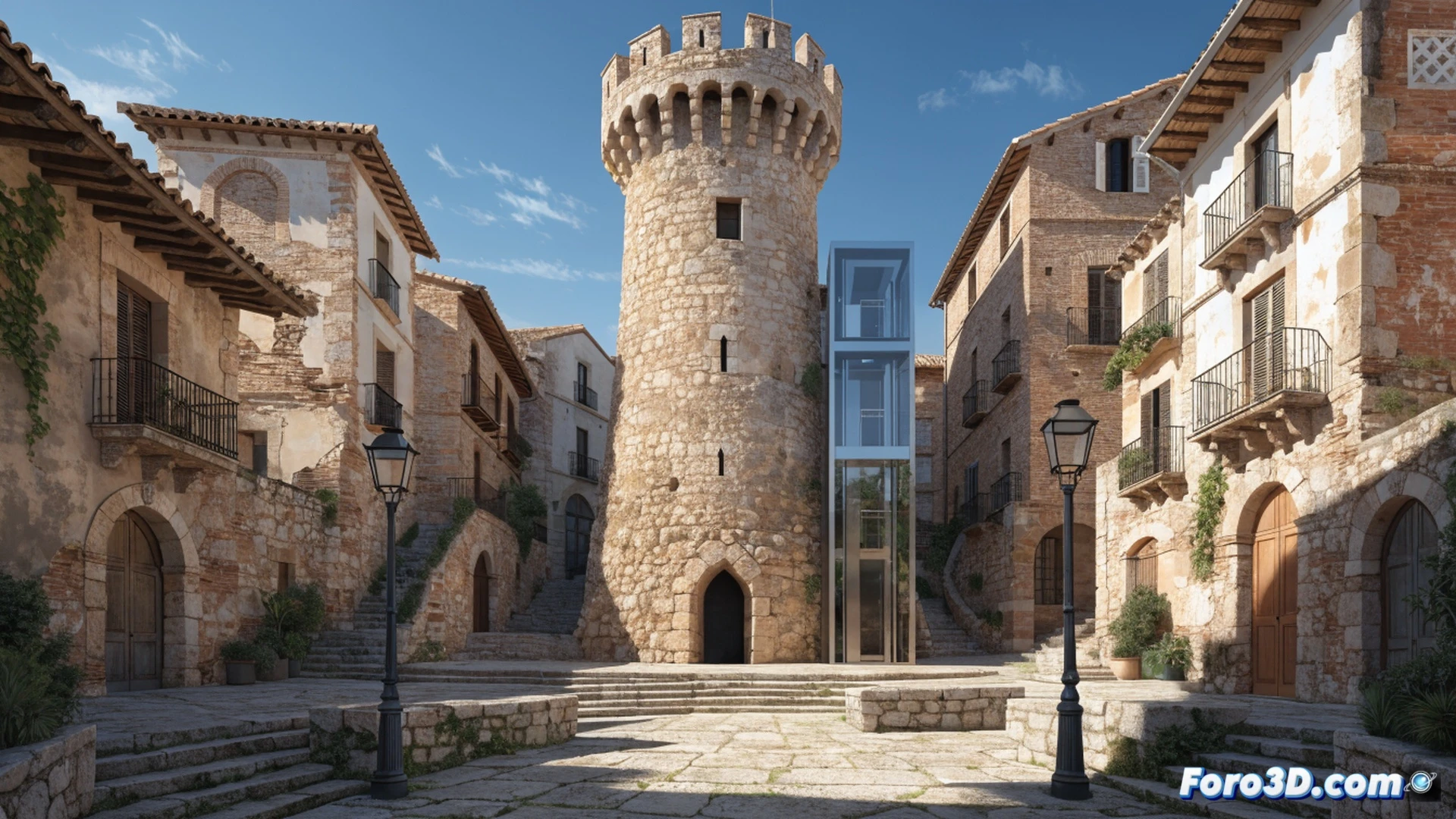 medieval stone defensive tower in Algar del Palància undergoing restoration, workers installing modern glass elevator against ancient masonry, scaffolding surrounding BIC monument, cobblestone plaza and historic buildings in background, construction equipment and safety barriers visible, technical engineering visualization showing structural reinforcement details, photorealistic architectural render, warm golden hour sunlight casting long shadows, detailed stone textures and metal framework, heritage preservation in progress