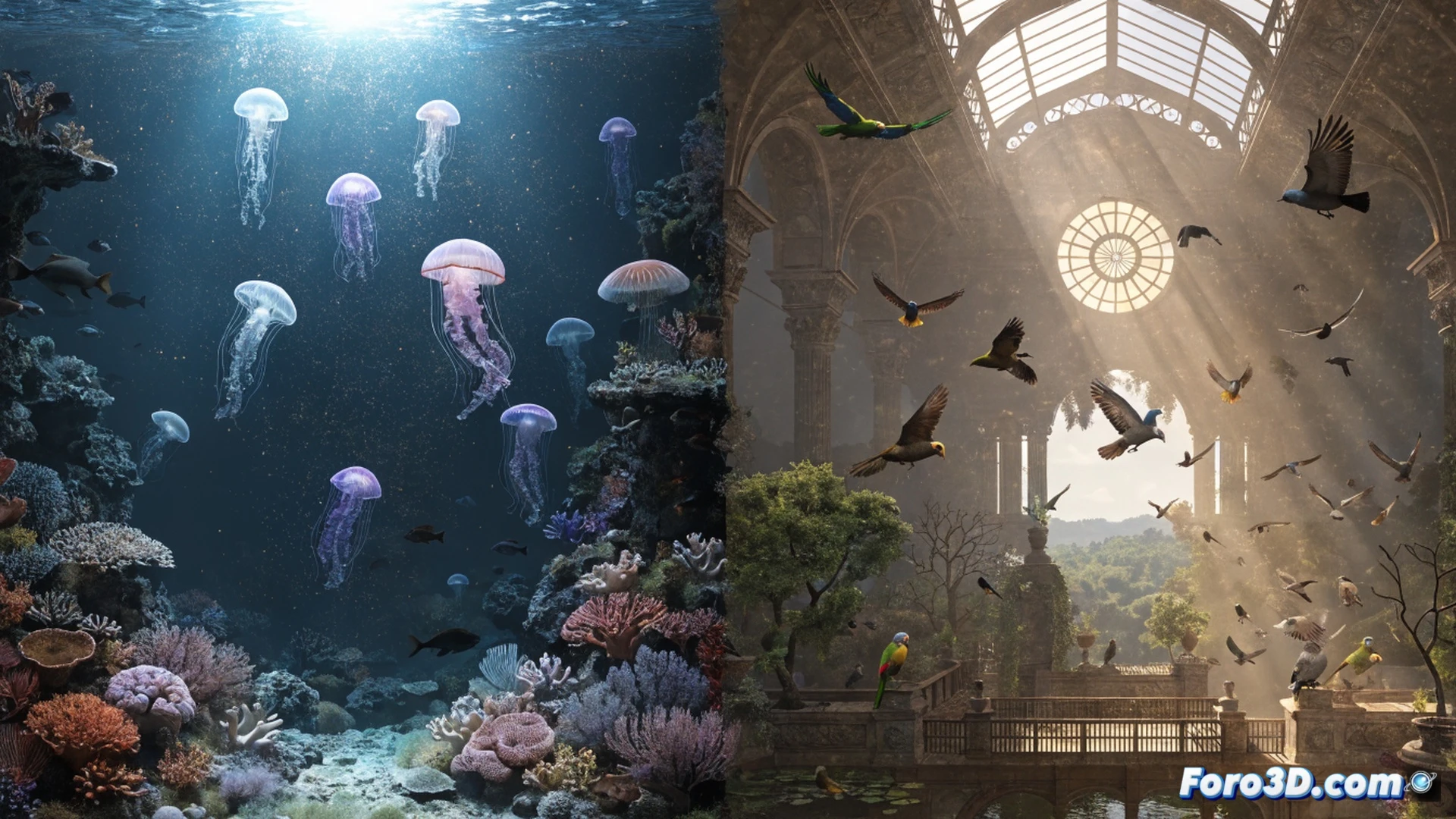 Cobra Engine rendering engine interface showing a zoo habitat construction process, aquarium glass panels being installed while aviary mesh structures rise above, water simulation with realistic fluid dynamics cascading into a pool, fur texture rendering on a primate model beside the water, glowing wireframe overlays demonstrating physics calculations for water particles and bird flight paths, cinematic engineering visualization, blue and green ambient lighting from the aquatic tank, metallic framework with reflective surfaces, photorealistic technical illustration, high-contrast industrial lighting, detailed mechanical joints and support beams
