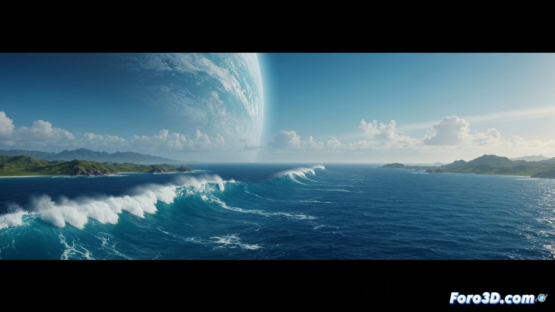 photorealistic cosmic scene showing Earth from space, a rogue planet crossing the solar system, immense gravitational pull dragging ocean water into a massive continental wave, Pacific basin emptying as water surges toward the equator, coastal cities exposed on dry seabed, glowing tidal bulges wrapping the globe, nautical charts floating in space with shifting shorelines, dramatic cosmic lighting, deep blues and blacks, cinematic sci-fi visualization, ultra-detailed planetary surfaces, dynamic water motion trails, technical illustration style