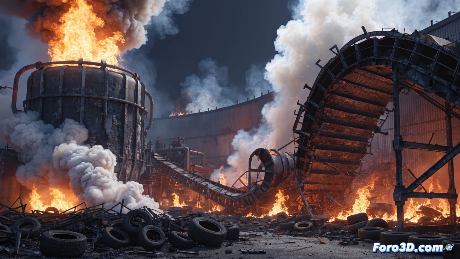 industrial recycling plant interior in chaos, massive pyrolytic reactor engulfed in flames, black smoke billowing from ruptured pipes, twisted metal structure collapsing under intense heat, drone-mounted camera showing Pix4D point cloud scanning the wreckage in mid-air, glowing fire simulation data overlaying the 3D geometry from PyroSim, orange embers and molten rubber dripping from conveyor belts, emergency response team in reflective gear standing at safe distance, dramatic low-angle shot, photorealistic engineering visualization, cinematic lighting with harsh fire glow and deep shadows, ultra-detailed industrial destruction