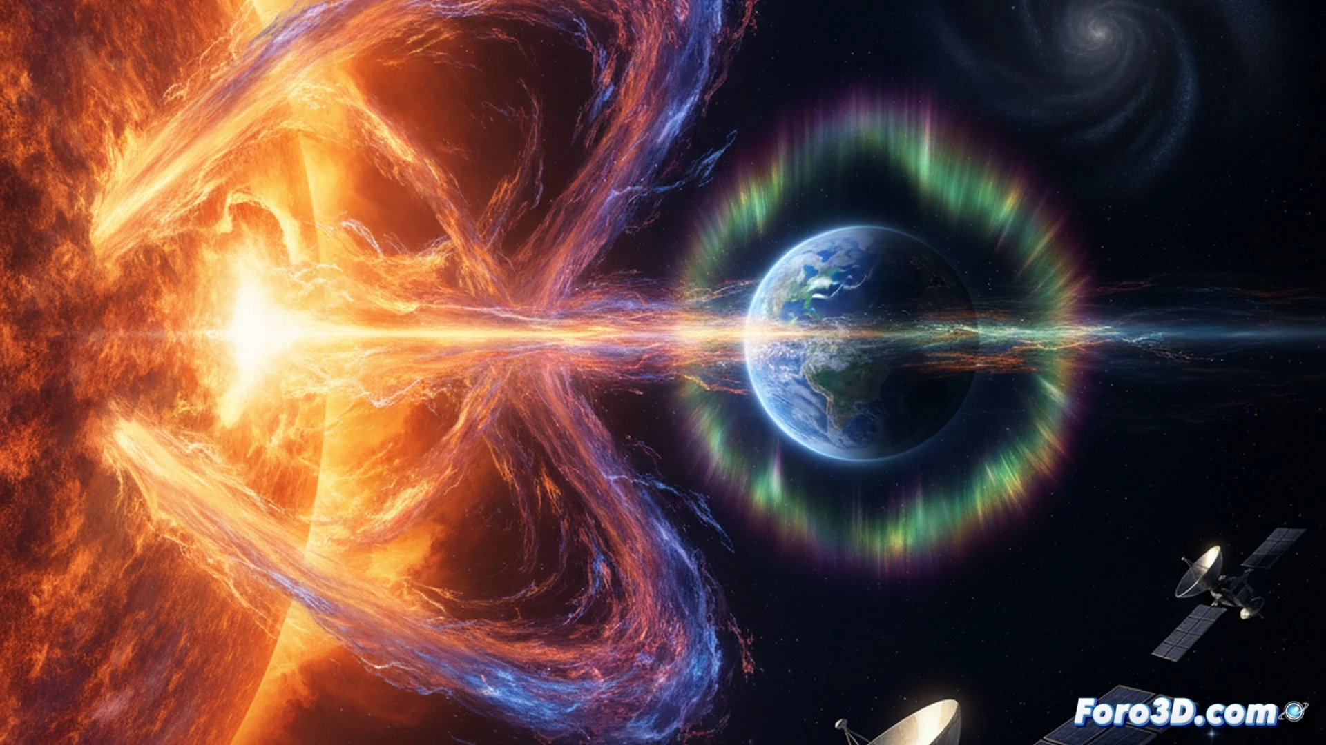 Solar corona plasma ejection event, massive loop of superheated solar material detaching from the Sun surface and accelerating into space, magnetic field lines glowing in extreme ultraviolet, SOHO spacecraft coronagraph in foreground capturing the eruption with its instrument aperture open, plasma particles streaming toward Earth as a small blue dot in distance, cinematic space documentary style, photorealistic astrophysical visualization, dynamic energy arcs, intense orange and white stellar plasma, deep black space background, high contrast lighting, ultra-detailed solar surface texture, technical scientific illustration
