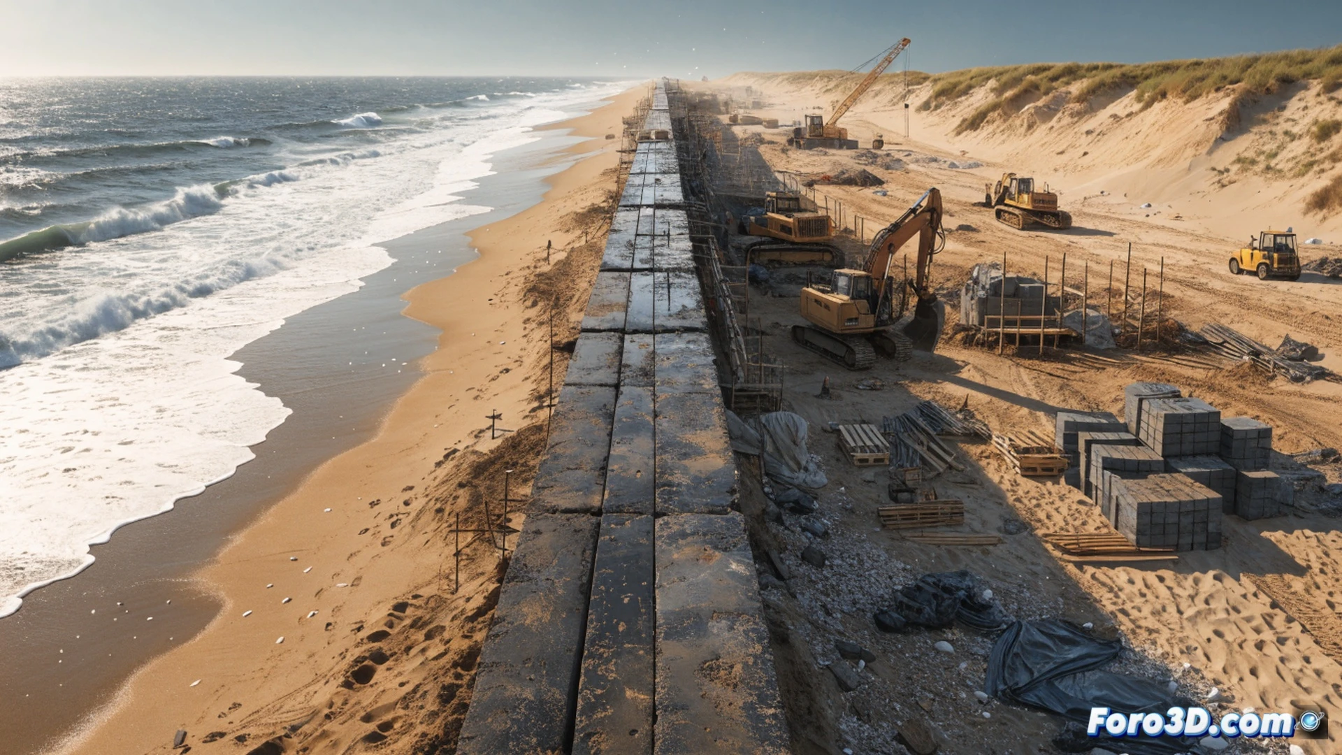aerial view of coastal construction site during summer, heavy machinery digging into eroded beach, sand being displaced by slow-moving bulldozers, ocean waves approaching unfinished sea wall, exposed dune roots and collapsed walkways, contrasting blue sea with brown muddy construction zone, photorealistic technical illustration, dramatic midday sunlight casting long shadows, sediment plumes in water, stalled crane above half-built breakwater, environmental engineering documentation style