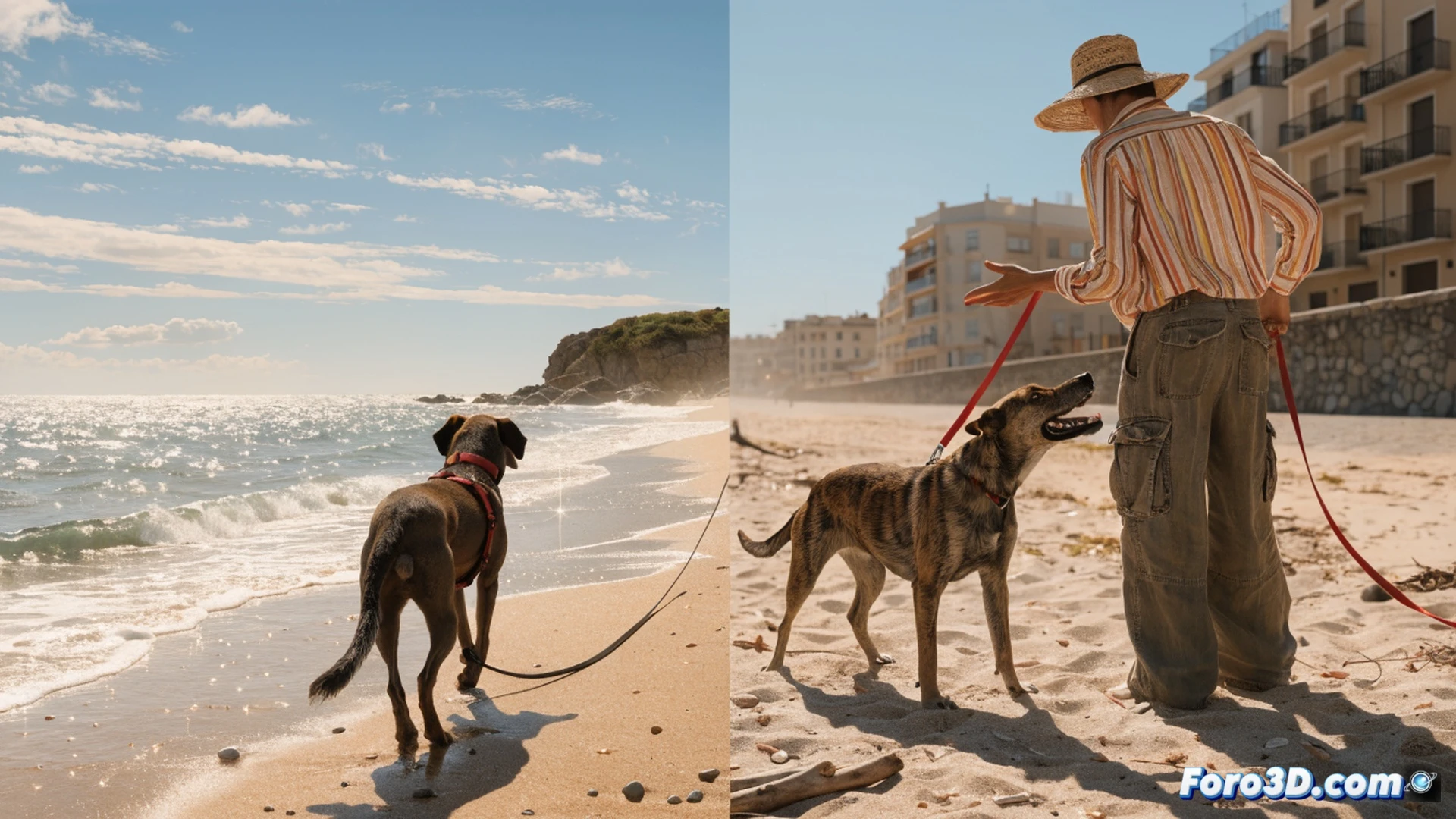 familia frustrada en arena caliente junto a cartel de prohibicion de perros, telefono movil en mano mostrando pagina web de ordenanza municipal, perro con correa mirando el agua, playa vacia al fondo, sol de mediodia, contraste entre cielo azul y senal roja de prohibido, expresion de decepcion en los rostros, cinematografia tecnica, iluminacion dramatica natural, textura de arena y rocas detallada, photorealistic documentary style, enfoque en el momento de descubrimiento de la restriccion