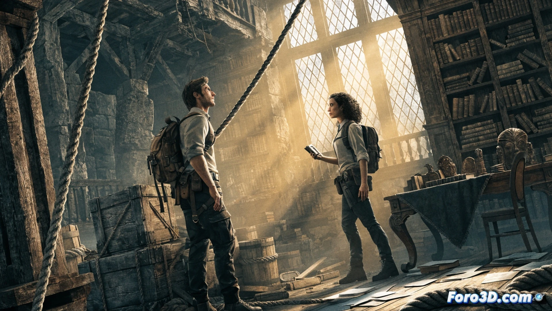 PlayStation 4 console on a wooden shelf, digital download animation of Uncharted 4 game cover floating from screen, glowing controller with gold trim nearby, celebration confetti and sparkles around console, action-adventure scene with Nathan Drake silhouette climbing a cliff in background, cinematic lighting with warm sunset tones, photorealistic technical illustration, high-contrast shadows, sleek metallic console details, festive anniversary atmosphere, ultra-detailed hardware textures