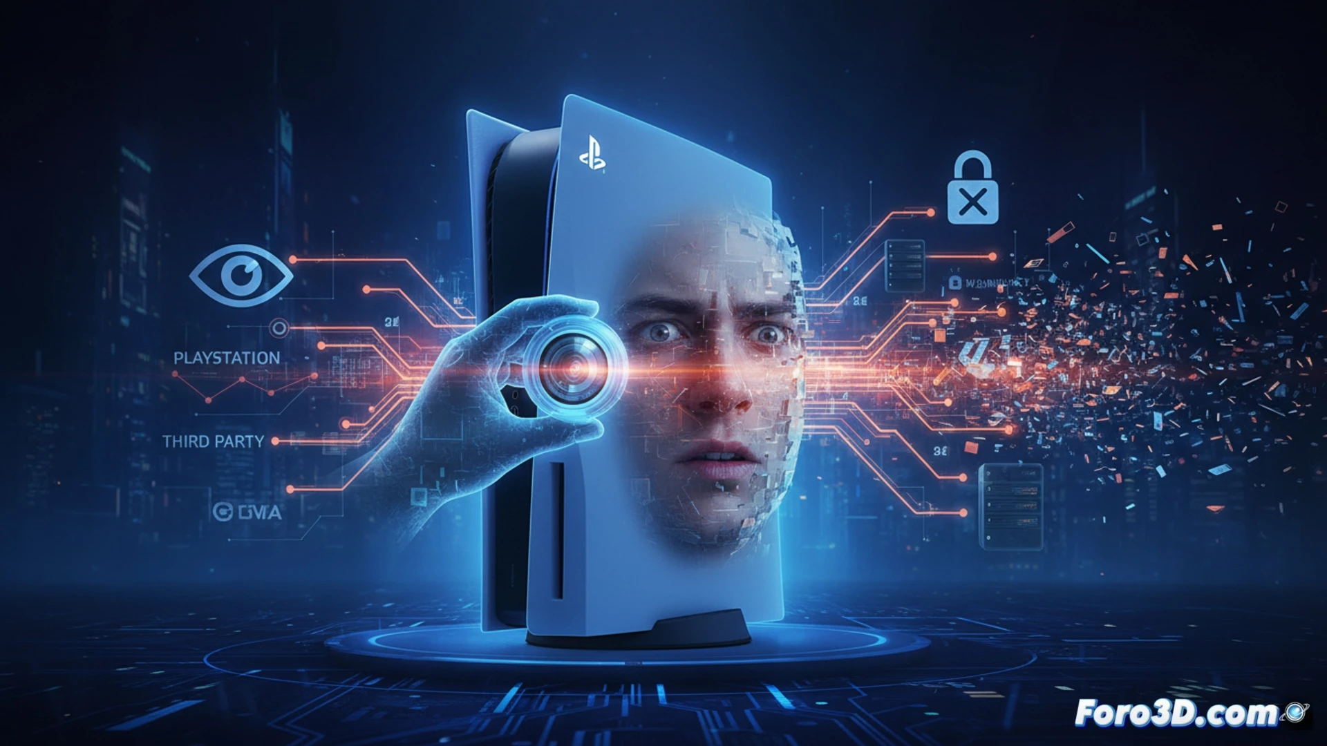 PlayStation console mid-chat session, a smartphone camera scanning a user face while a digital wireframe mesh hovers over the facial features, data packets flowing from the console through a glowing network cable toward a distant server farm, a government ID card lying beside the controller, biometric data icons being extracted and transferred, cinematic technical illustration, dark room with neon blue and red lighting, holographic privacy policy text dissolving into binary streams, photorealistic engineering visualization, dramatic shadows on hardware surfaces, ultra-detailed plastic textures and LED indicators