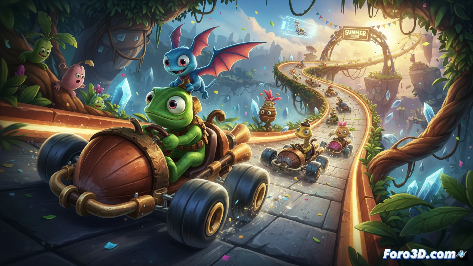 Playtonic Games SteamDB page showing Super Yooka-Laylee Kart registration, developer testing kart physics on a vibrant track, Yooka and Laylee characters drifting around a tight corner while collecting glowing feathers, plumes of speed-boost particles trailing behind the kart, engine components and suspension visible in cutaway view, cinematic technical illustration, bright colorful arcade aesthetic, motion blur on spinning wheels, realistic tire smoke and track debris, dynamic racing action, photorealistic game-engine render