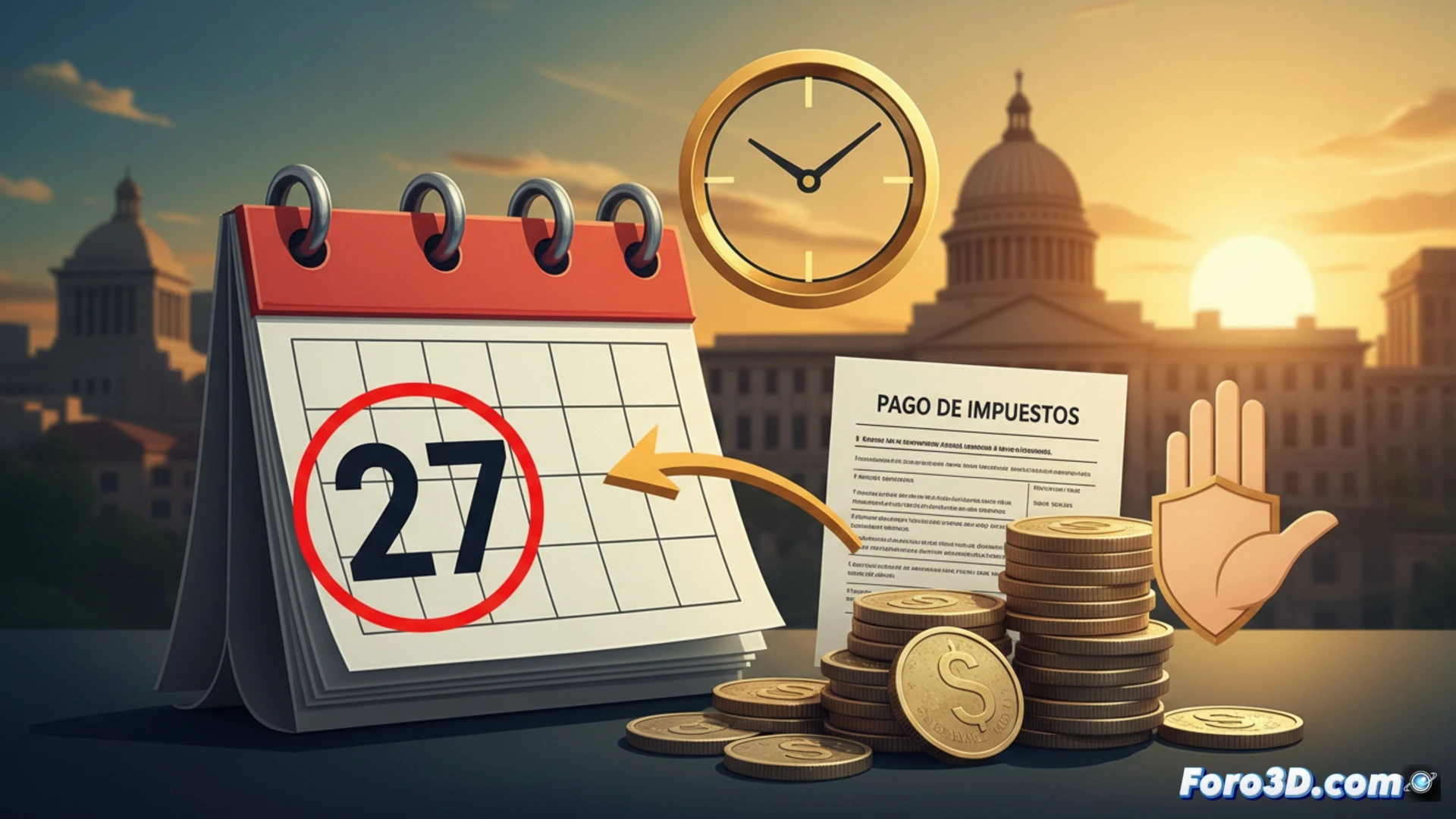 Photorealistic technical illustration of a digital tax payment interface on a tablet, a glowing green checkmark appearing over a calendar page marked with a circled 27, a hand holding a pen hovering over a payment confirmation button, while a red lock icon with chains breaks apart into dust, background showing a blurred government building facade and a clock ticking, cinematic lighting with warm amber tones, ultra-detailed textures on the tablet screen, subtle particle effects around the breaking chains, realistic shadows and reflections, engineering visualization style, action of finalizing payment without penalties, demonstrating deadline extension process