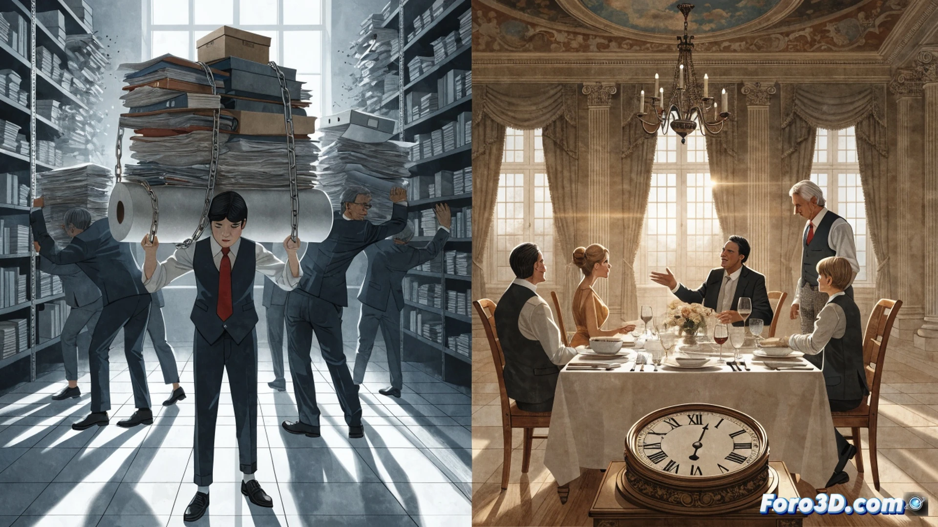 high-end tax advisor in a luxury office reviewing a digital fiscal calendar on a holographic tablet, while a small business owner in a modest workspace struggles with a paper tax form and a stopwatch showing a missed deadline, penalty fees piling up on a laptop screen, photorealistic cinematic visualization, dramatic chiaroscuro lighting contrasting the two scenes, polished marble desk versus cluttered wooden table, glowing interest-rate graphs and red alert icons, ultra-detailed financial documents and devices, asymmetrical power dynamic emphasized through composition
