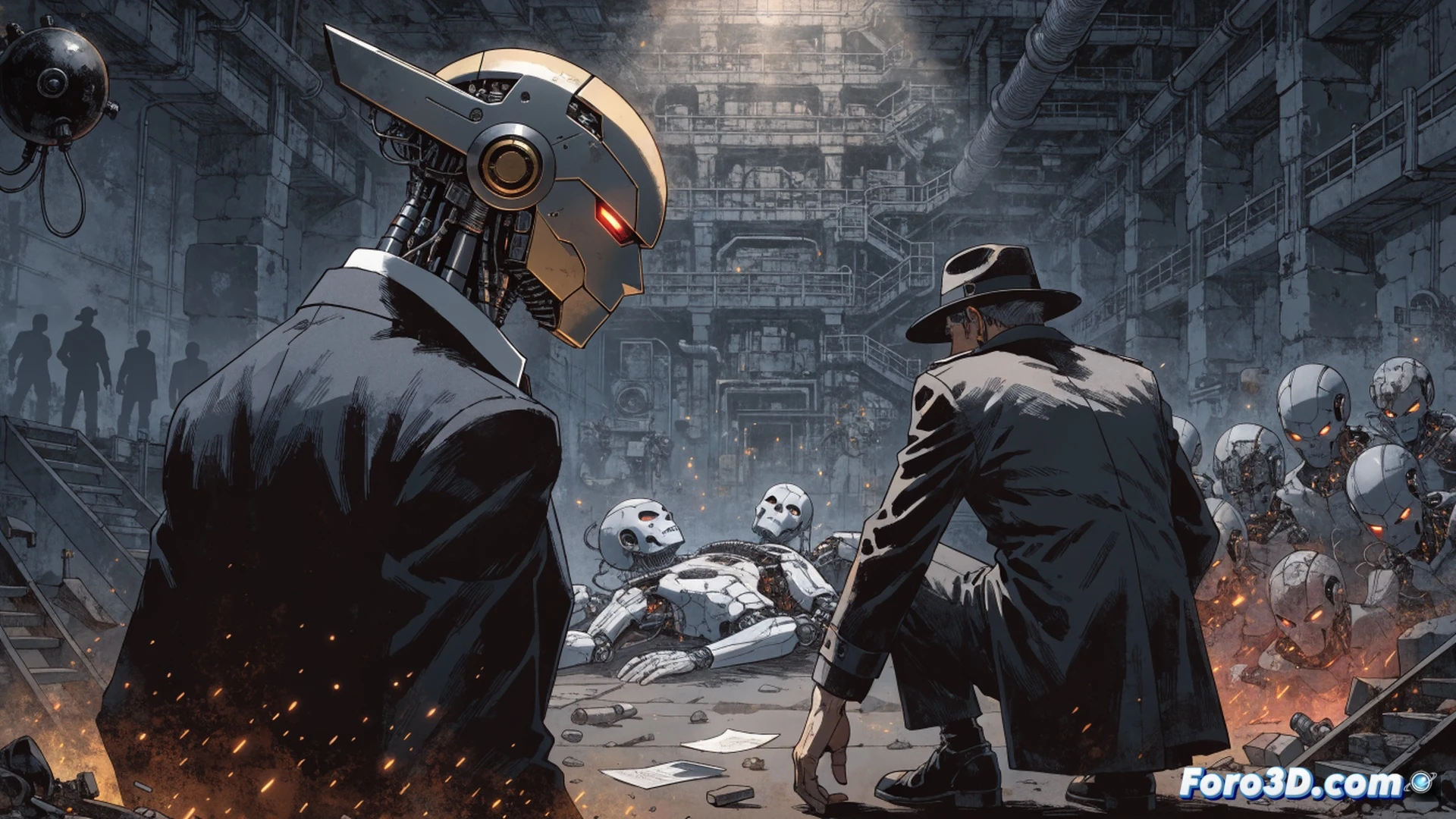 cinematic noir scene of a damaged robot detective kneeling in a rain-slicked alley, one arm gripping a smoking robotic component while examining a shattered android skull with exposed wires and circuit boards, a holographic crime scene projection floating above showing red trajectory lines connecting multiple murder locations, dark industrial cityscape in background with flickering neon signs and steam rising from vents, photorealistic technical illustration, dramatic chiaroscuro lighting, metallic surfaces with scratches and oil stains, motion blur on falling raindrops, ultra-detailed mechanical joints and internal circuitry, forensic evidence markers glowing faintly on wet asphalt