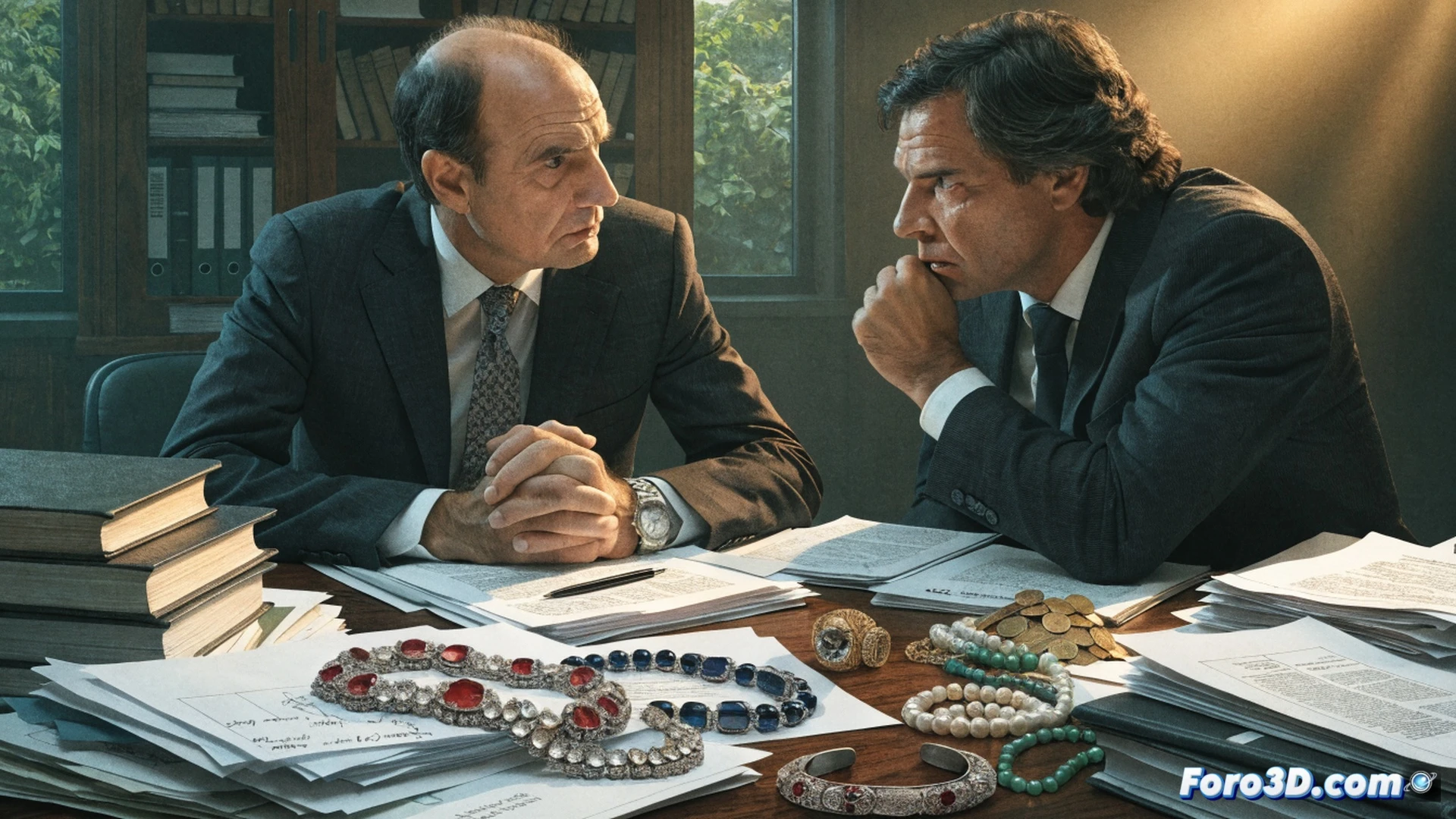 Photorealistic scene of a politician in a dark suit standing behind a lectern, pointing toward a large digital evidence board displaying blurred documents and financial charts, while a second figure in a suit holds a magnifying glass near a display case containing jewelry pieces, forensic investigators in the background examining a flight route map on a monitor, dramatic courtroom-style lighting, shadows cast across polished wooden floor, ultra-detailed textures on fabric and metal, cinematic composition with depth of field, technical investigation atmosphere