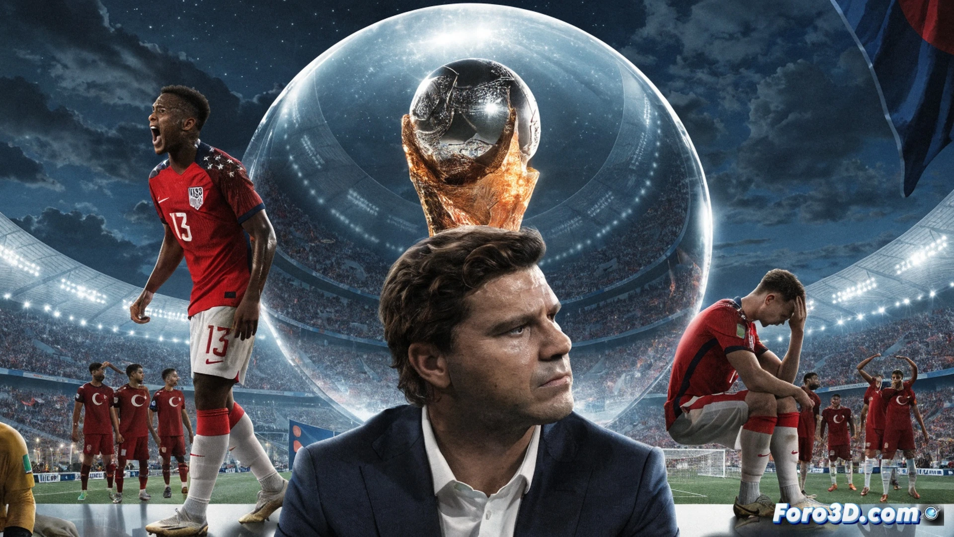 Mauricio Pochettino standing on a modern football sideline, holding a tactical tablet displaying a glowing group standings table with USA at top, players walking off the pitch in background while a large stadium scoreboard shows Turkey 3-2 USA, technical coaching analysis interface floating nearby showing match statistics and group rankings, dramatic evening stadium lighting, cinematic sports visualization, photorealistic rendering, intense focus on coach’s calm expression and tablet data, motion blur on distant players, realistic turf texture, high-contrast shadows