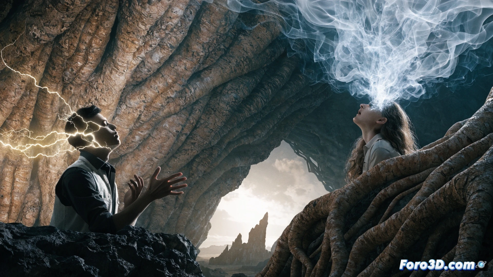 island electromagnetic field pulsing through a cave system, a woman in a white dress levitating above a glowing stone altar, her eyes rolled back in a trance, spectral blue energy arcs connecting her chest to ancient metallic cables embedded in rock, a man nearby holding a handheld electromagnetic sensor with blinking red LEDs, dust particles suspended in the air, cinematic photorealistic visualization, dramatic chiaroscuro lighting, volumetric fog, glowing energy lines tracing through the cave walls, ultra-detailed rock textures, supernatural blue-white light source from beneath, technical equipment scattered on the ground, high-contrast scene, 8K render