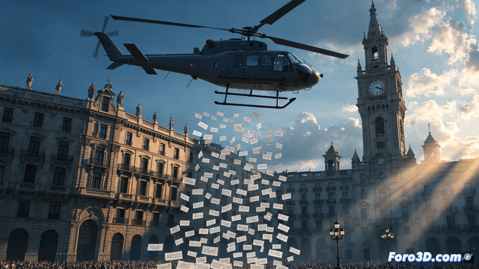 helicopter hovering over Plaça Nova in Barcelona, thousands of paper sheets with poems falling through the air, citizens reaching up to catch verses while others read them on the ground, motion blur on descending papers, golden afternoon sunlight casting long shadows, cobblestone square framed by historic buildings, cinematic photorealistic style, dramatic atmospheric lighting, paper trajectories showing chaotic drifting patterns, crowd looking upward in contemplation, soft particles floating in air, ultra-detailed urban scene, emotional documentary aesthetic