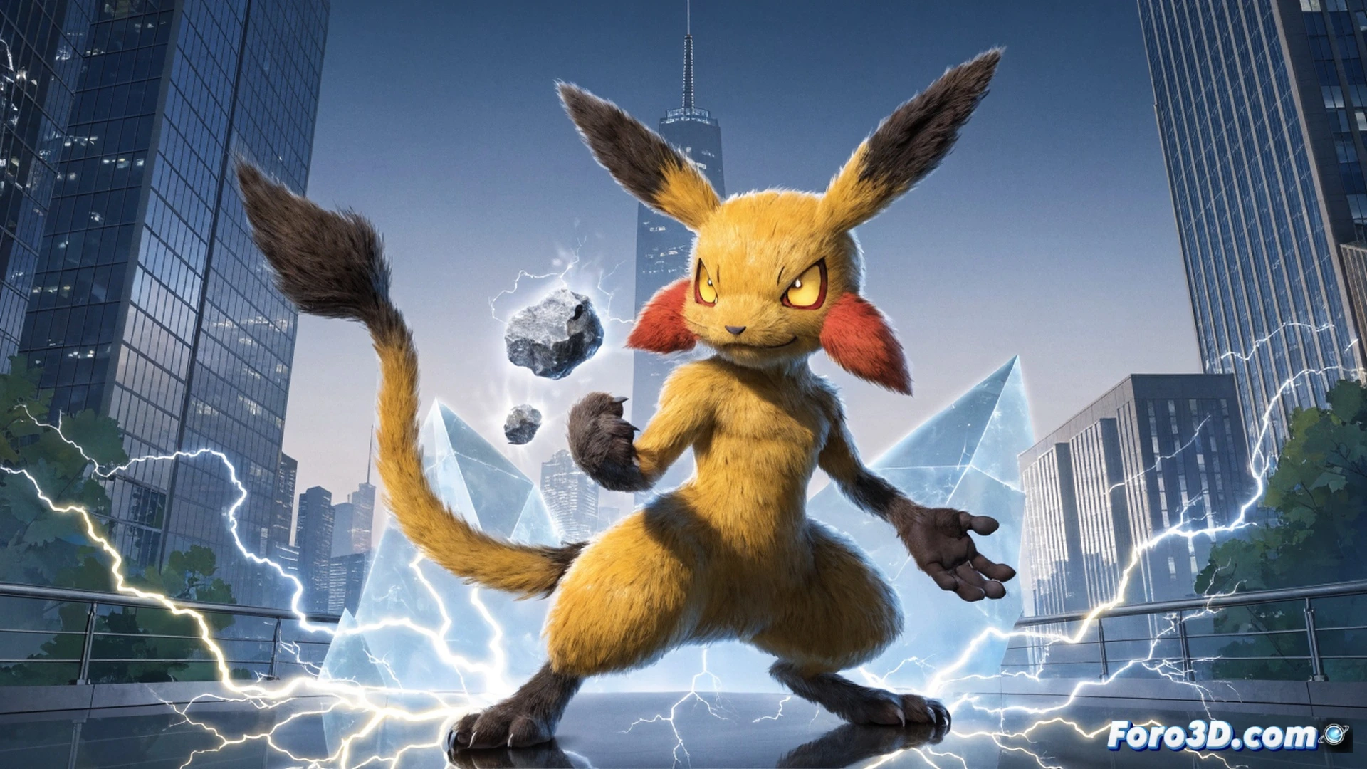Pokemon Champions mobile battle scene, smartphone held by player showing Raichu using electric attack on battlefield, two glowing special stones floating near Raichu enhancing its lightning strike, action pose during combat, sparks arcing from Raichu's tail to phone screen, touch interface visible with battle buttons, cinematic photorealistic style, dynamic lighting from electric discharge, metallic phone casing reflecting blue energy, fast-paced motion blur on Raichu's limbs, realistic particle effects around stones, dramatic shadows, high-contrast game UI elements on screen, technical mobile gaming visualization